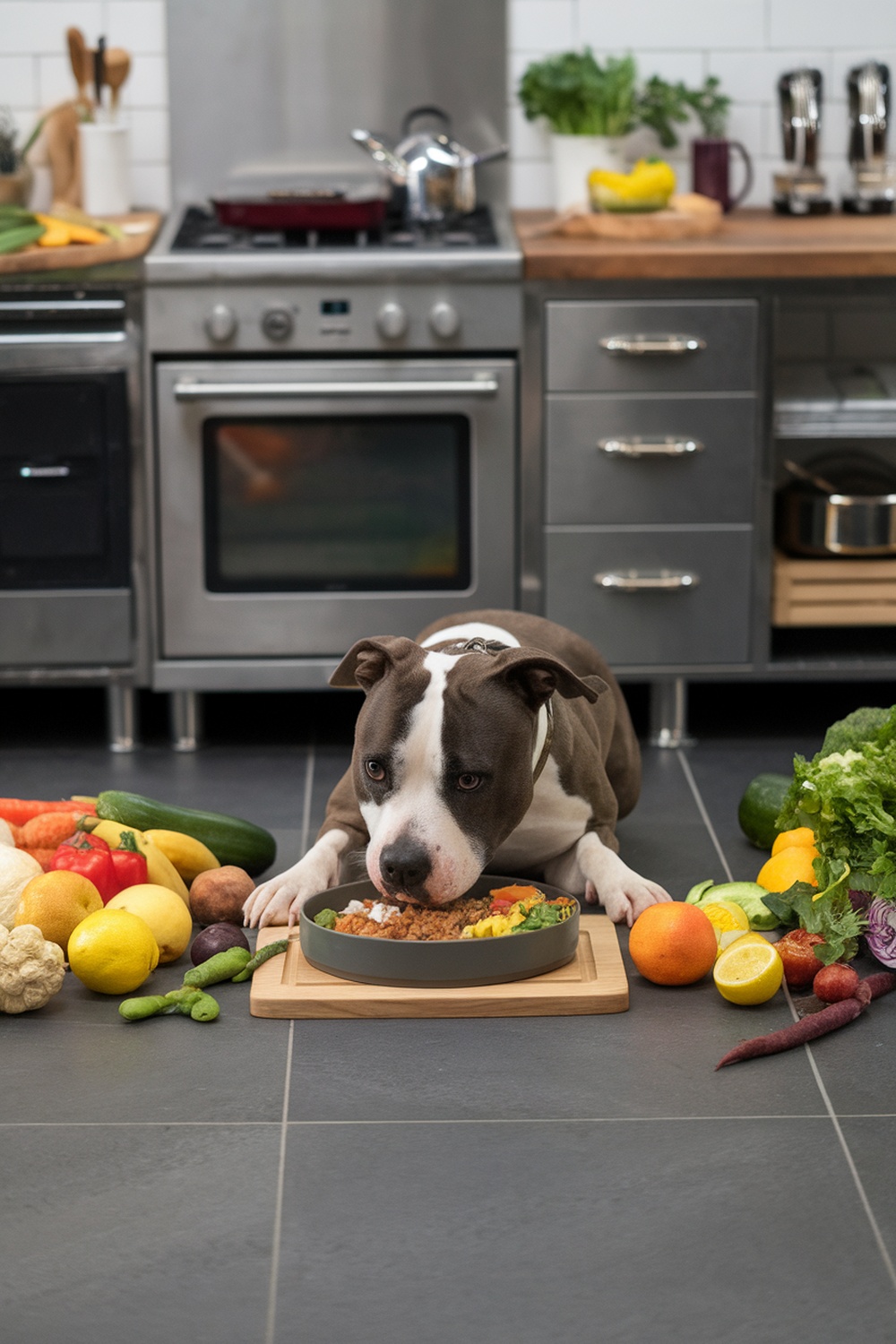 A pitbull dog looking at a bowl of food surrounded by fresh vegetables and fruits.