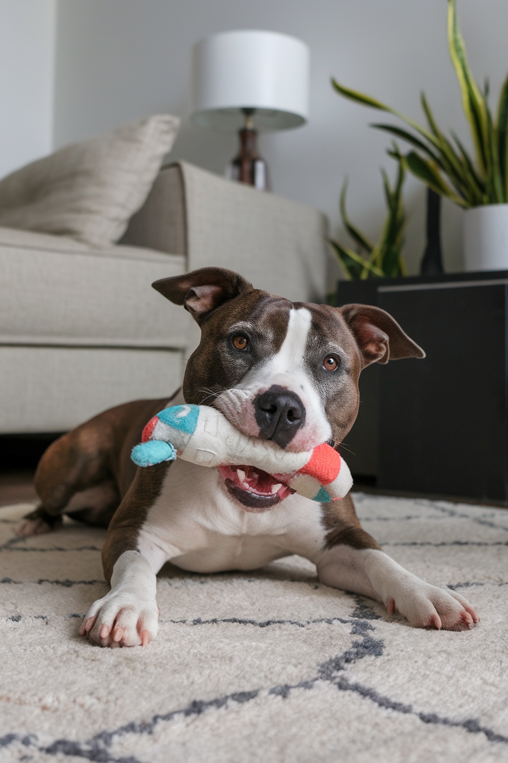 A Staffordshire Bull Terrier lying on a rug with a toy in its mouth.