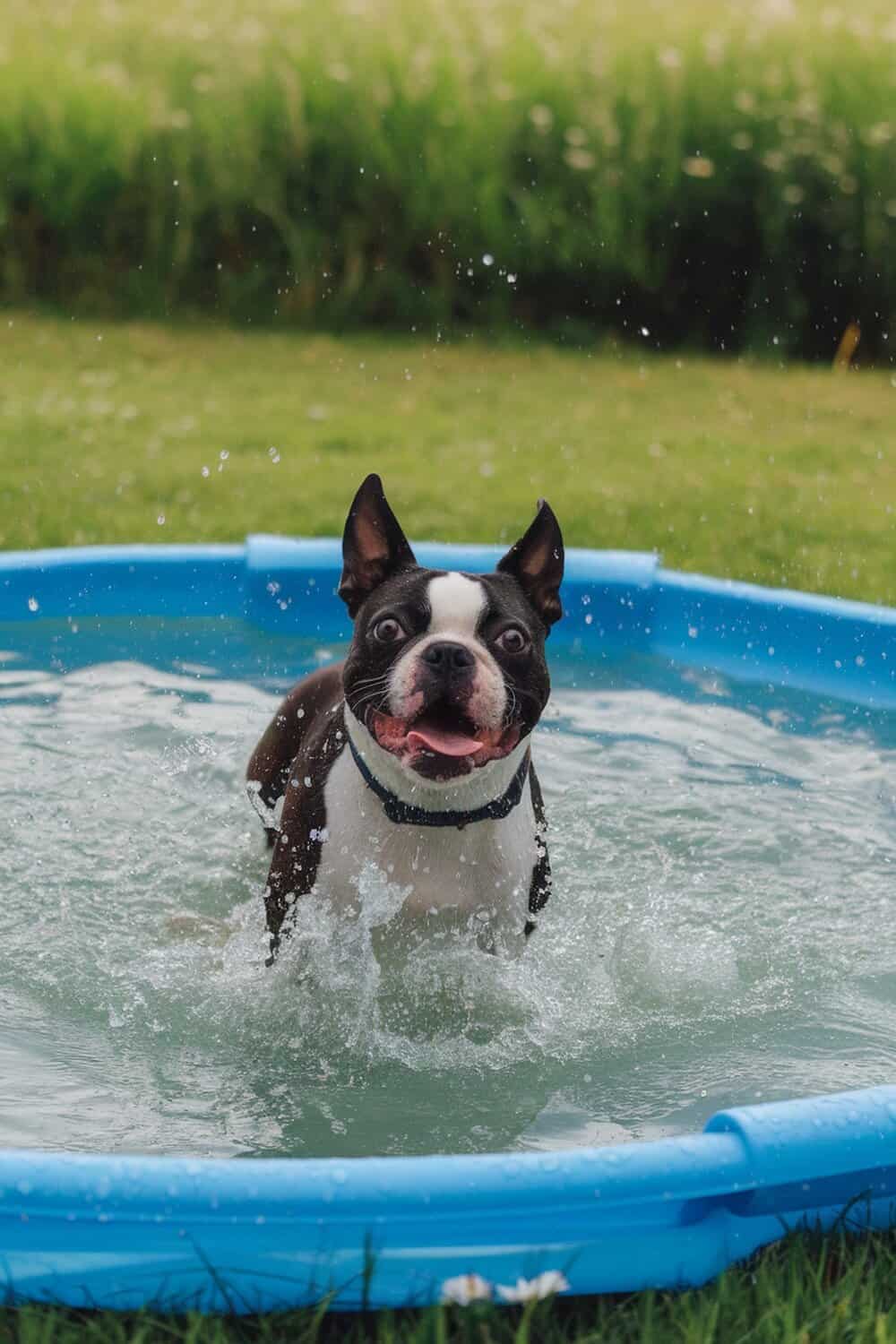 A Boston Terrier joyfully splashing in a small pool.
