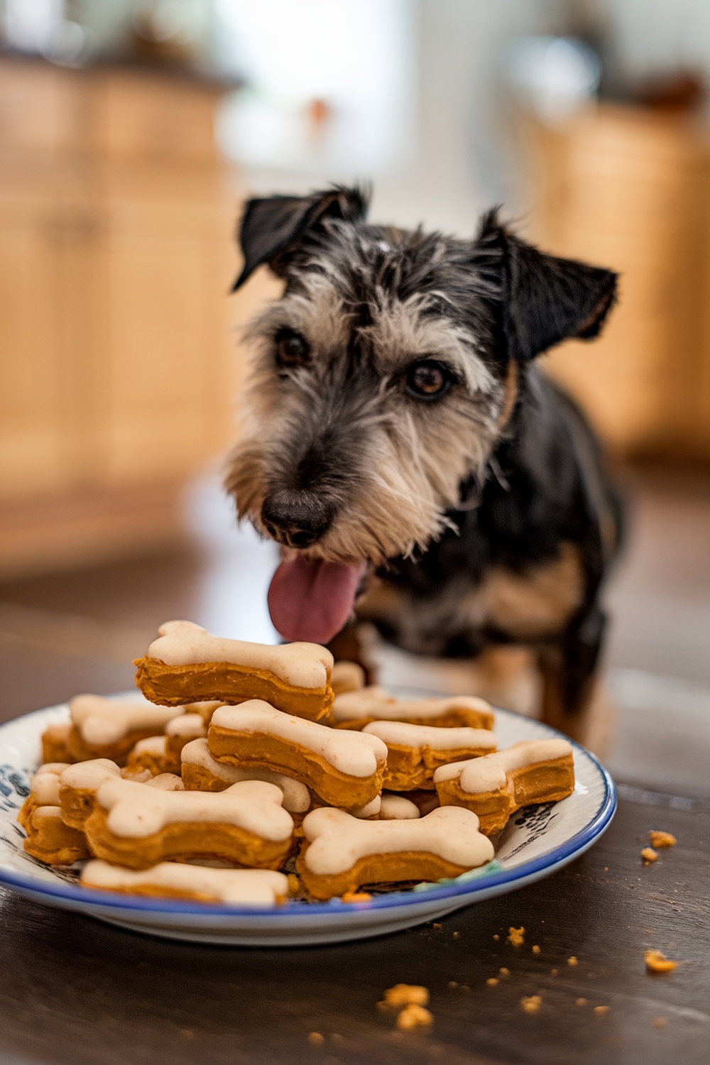 A dog eagerly looking at a plate of peanut butter and pumpkin dog treats shaped like bones.