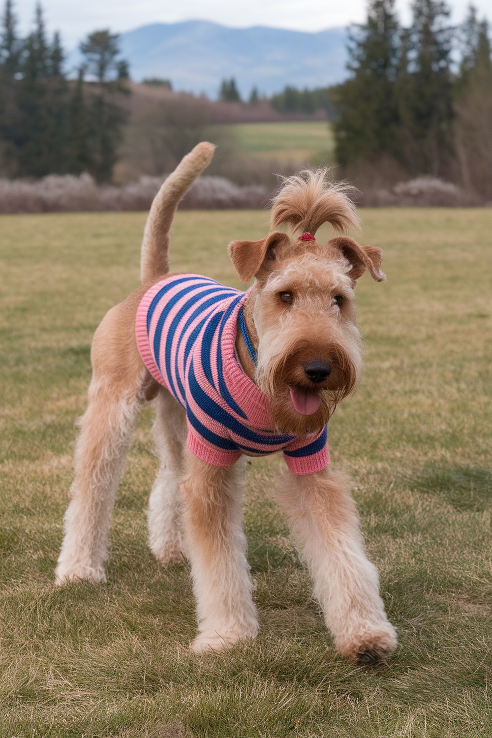 Airedale Terrier with a ponytail wearing a striped sweater in a grassy field