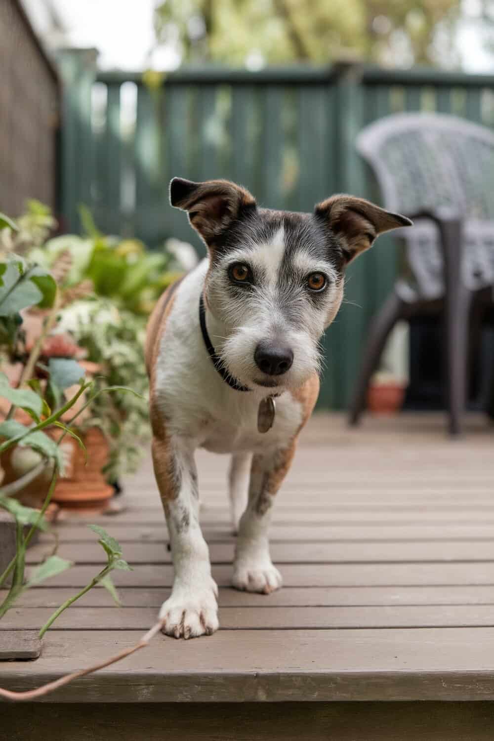 A Norfolk Terrier mix dog standing on a wooden deck surrounded by plants.