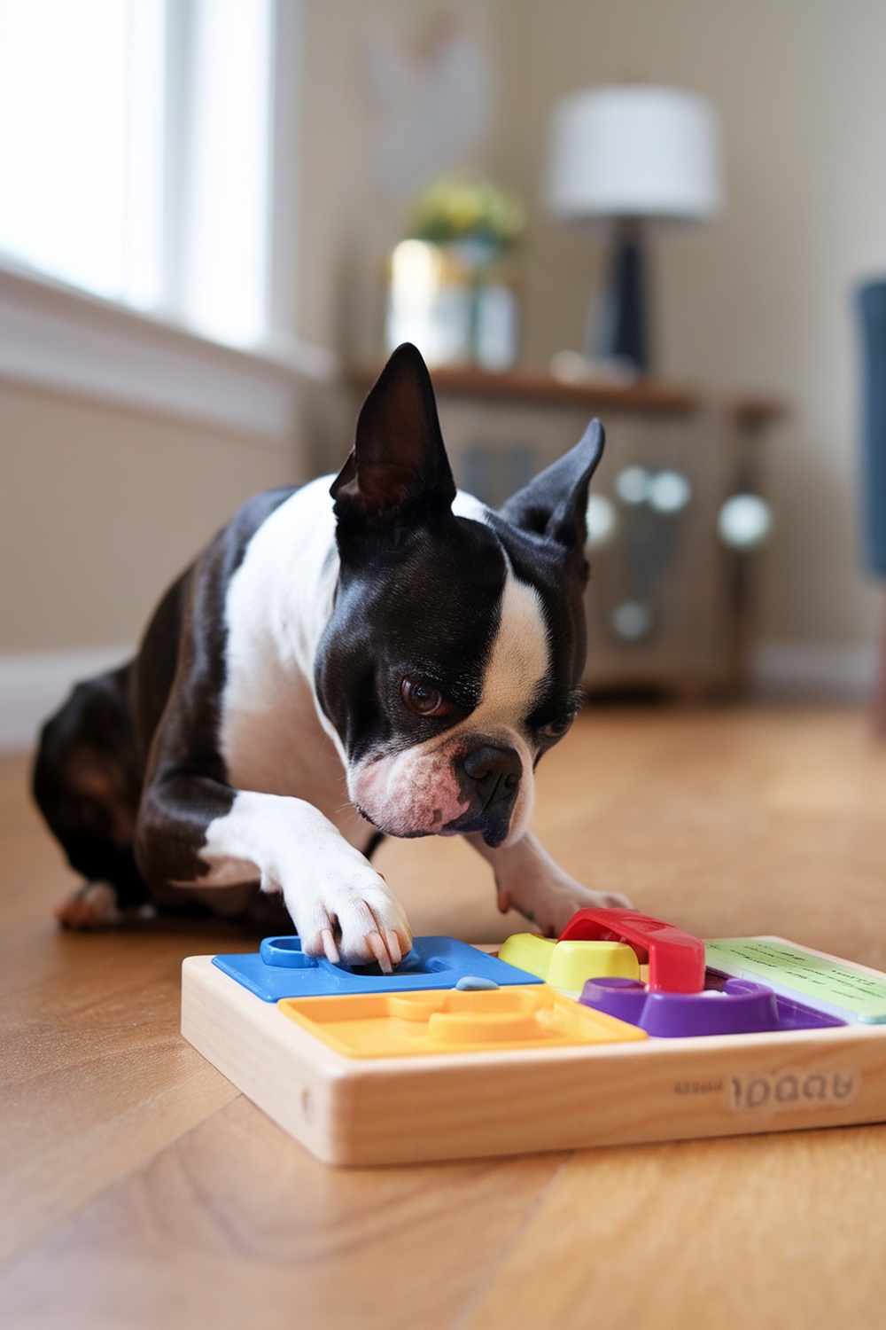 A Boston Terrier playing with a colorful puzzle toy on a wooden floor.