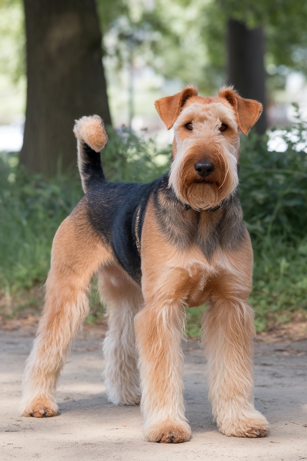 Airedale Terrier with a fluffy mane standing outdoors.