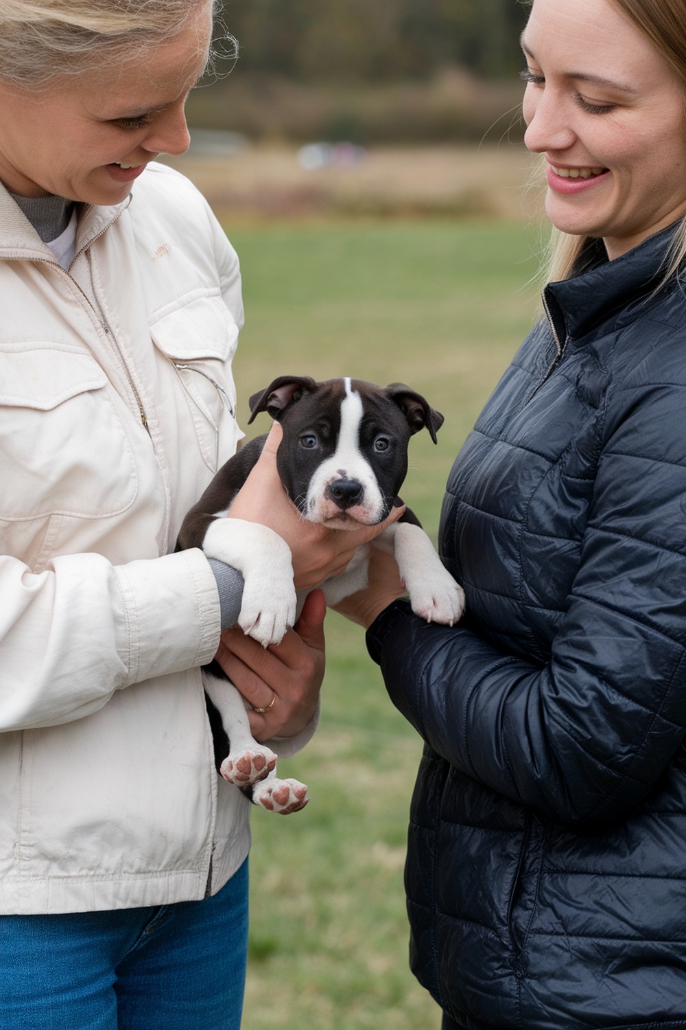 Two women holding a Staffordshire Bull Terrier puppy outdoors