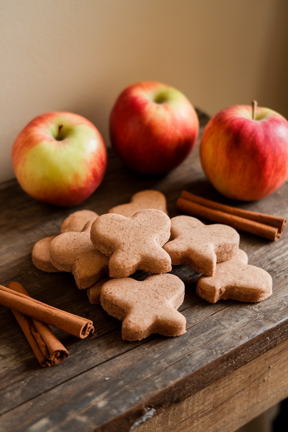Homemade apple cinnamon dog treats shaped like bones with apples and cinnamon sticks in the background.
