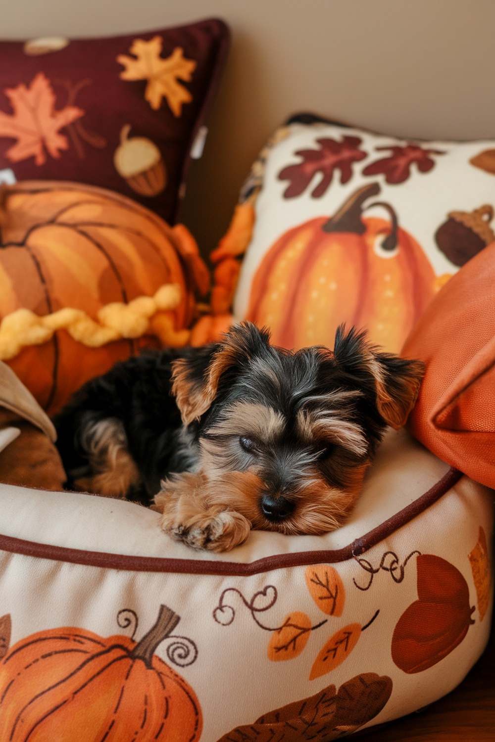 Yorkie Poo puppy sleeping in a cozy pet bed with autumn-themed pillows and decorations.