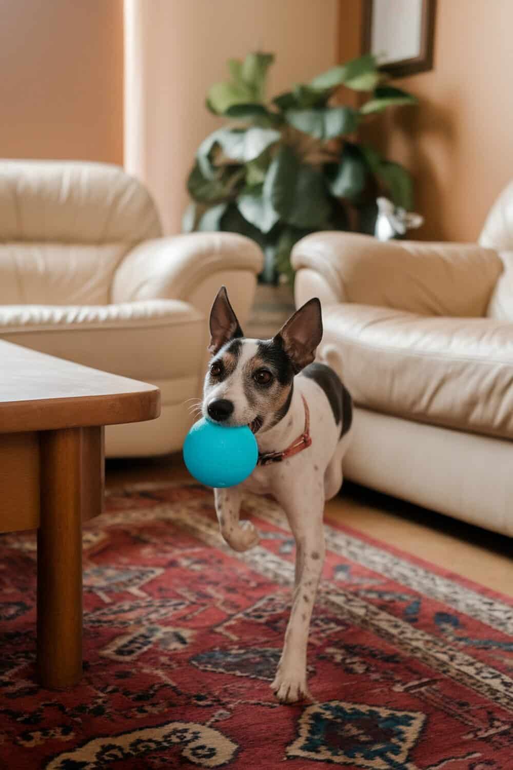 A Rat Terrier mix dog running with a blue ball in its mouth.