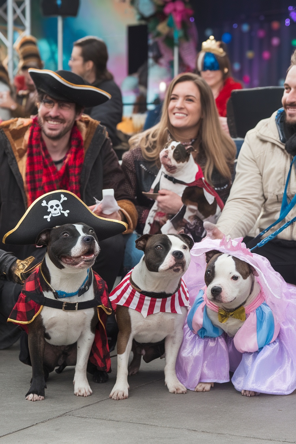 A group of Staffordshire Bull Terriers dressed in costumes with their owners at a festive event.