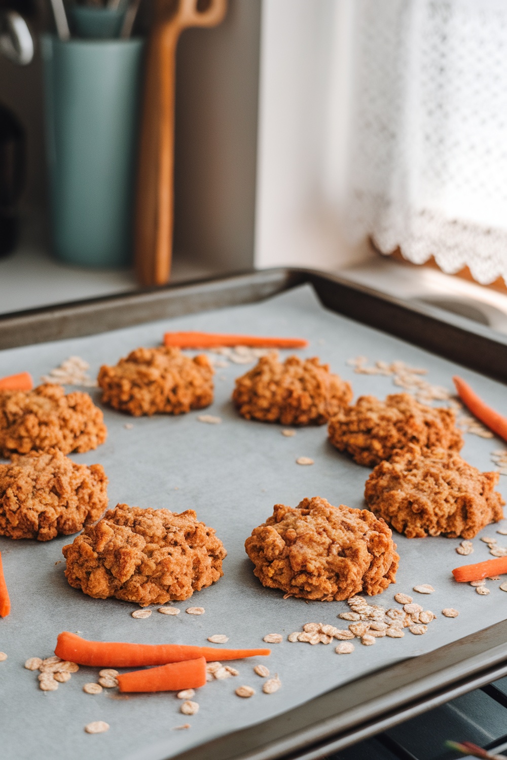Homemade carrot and oatmeal cookies for dogs on a baking tray