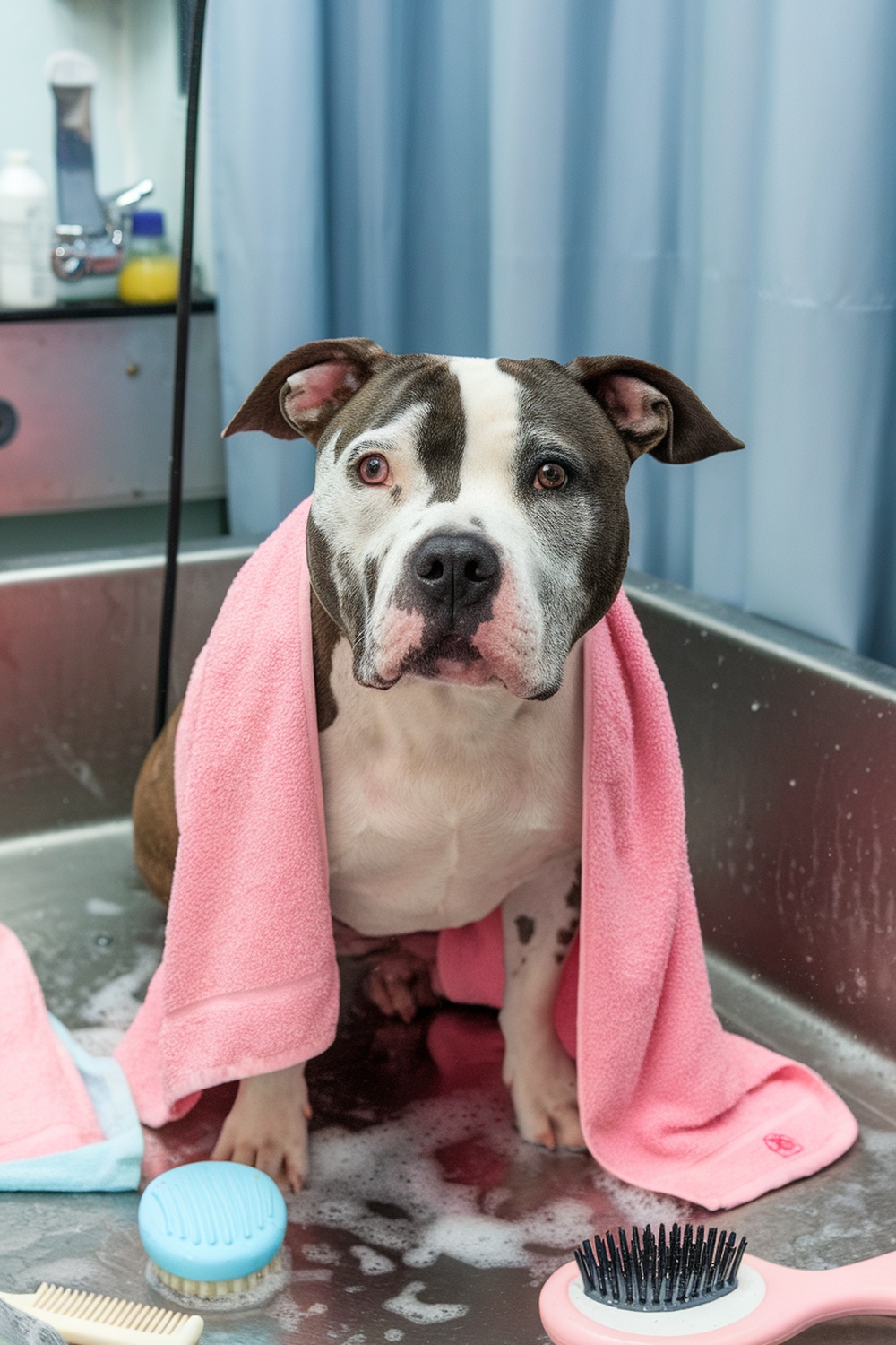 A pitbull sitting in a bath with towels and grooming tools around.