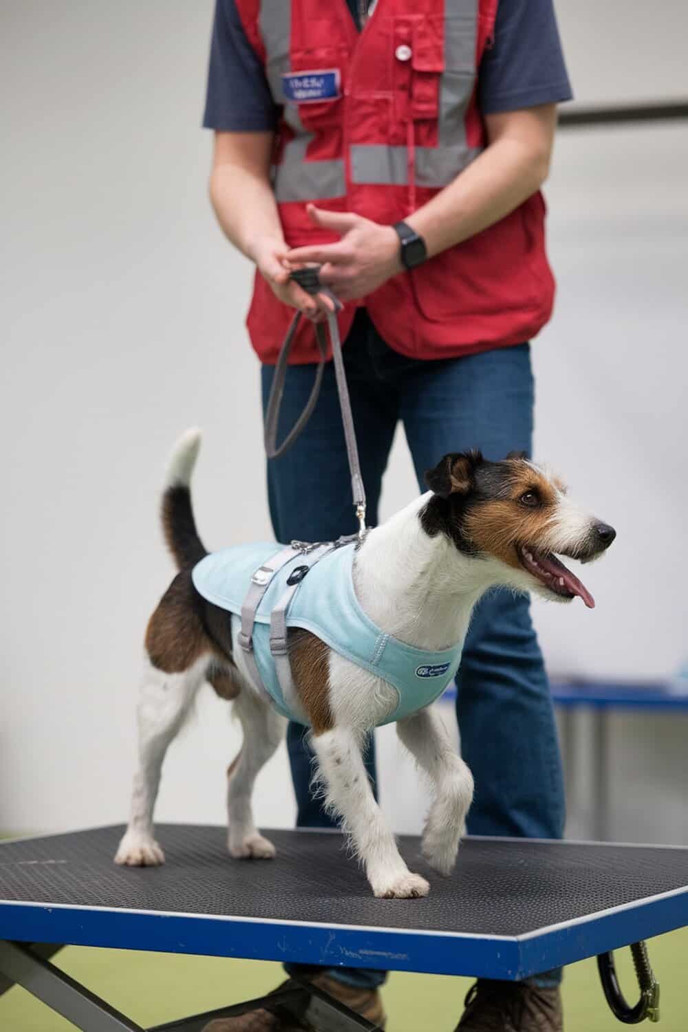 A terrier mix dog standing on a platform, wearing a harness, with a person holding a leash.