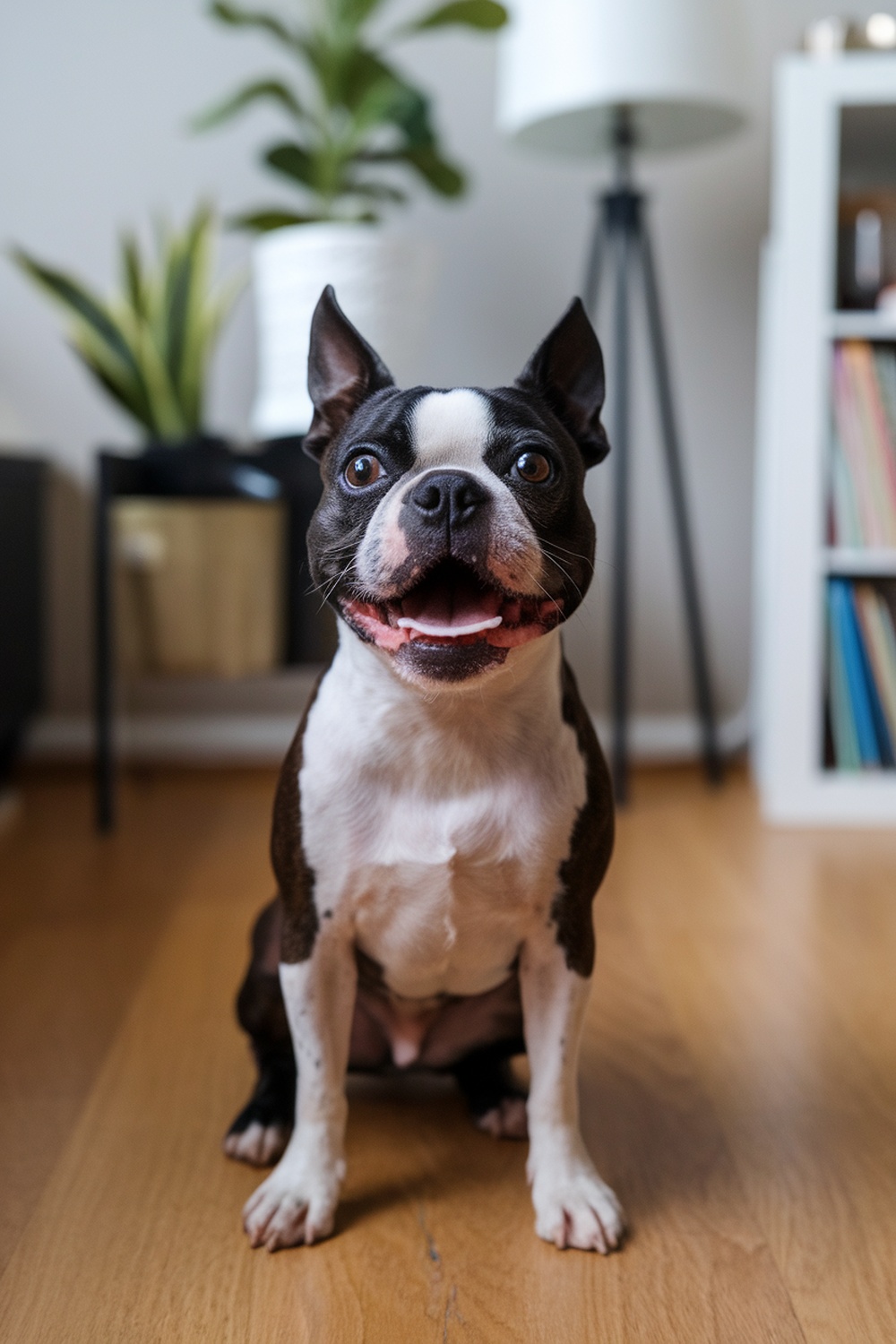 A cheerful Boston Terrier sitting indoors, showcasing its friendly temperament.