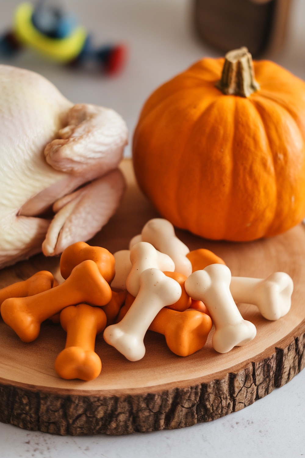 Homemade chicken and pumpkin dog treats shaped like bones, with a pumpkin and chicken in the background.