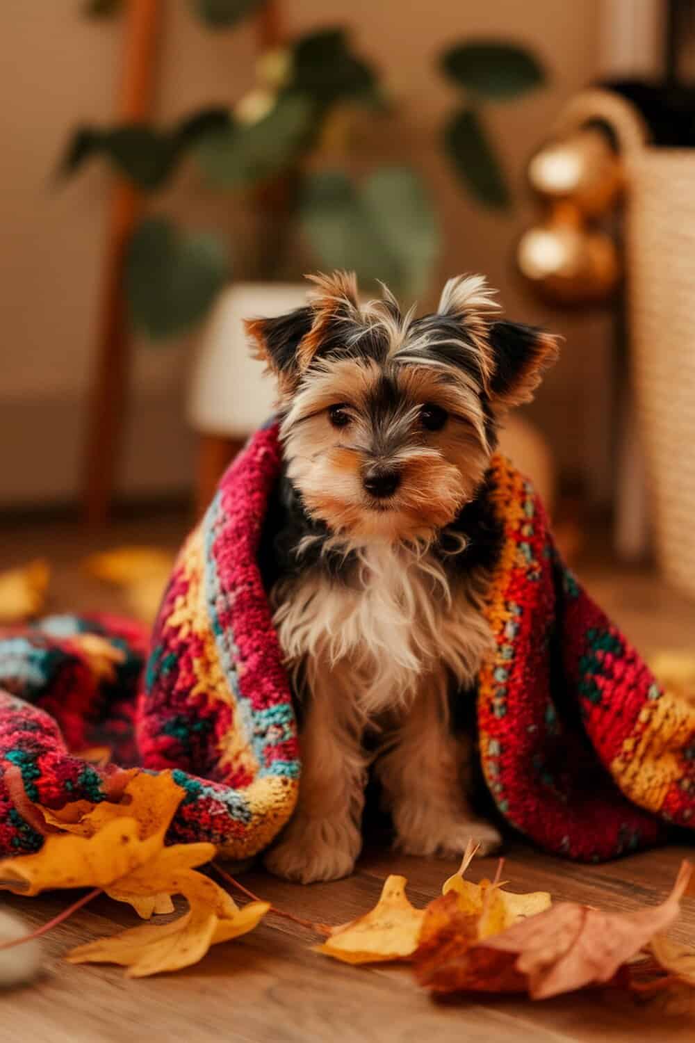 A Yorkie Poo puppy wrapped in a colorful knit blanket, surrounded by autumn leaves.