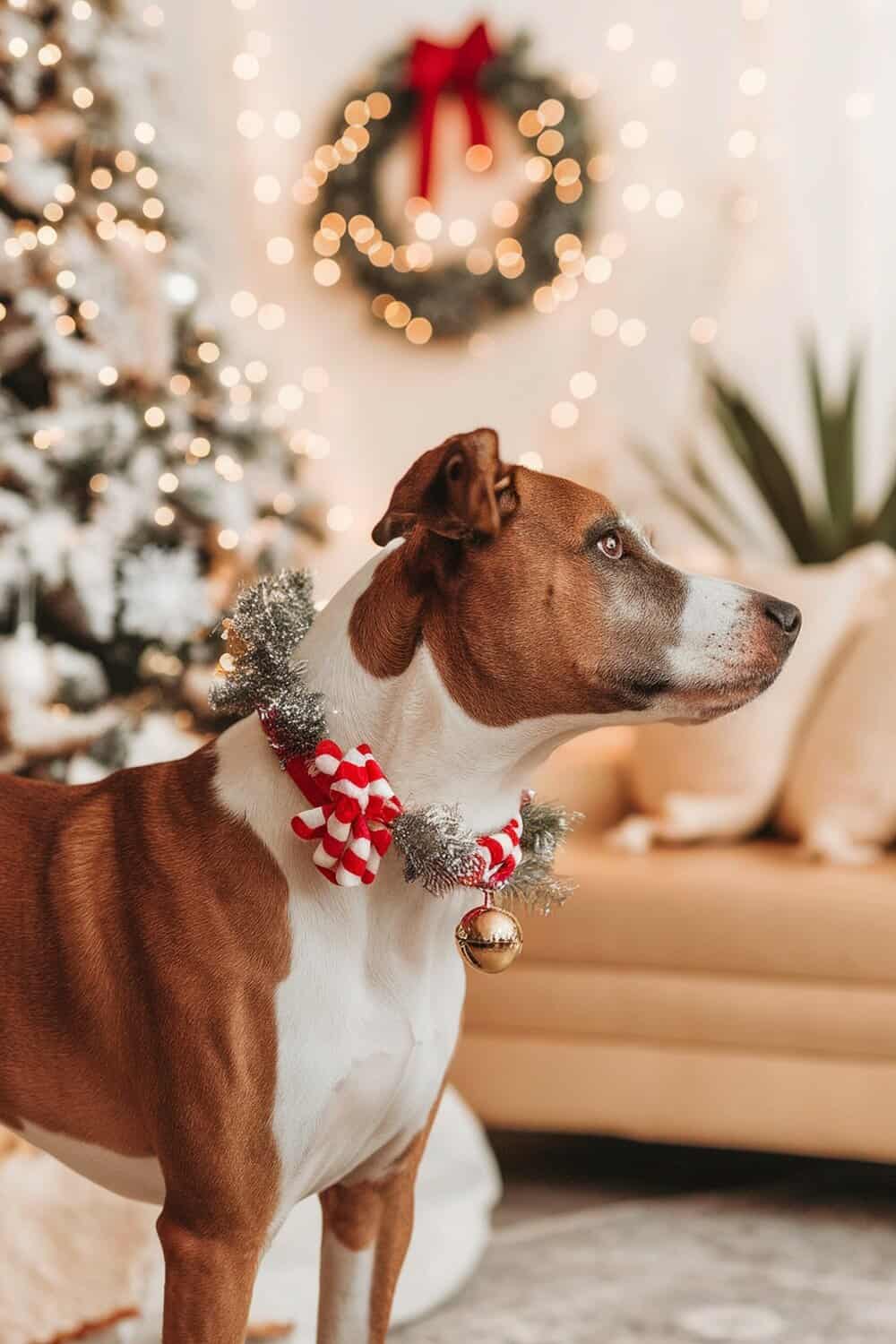 A dog wearing a festive collar with decorations, standing in a cozy holiday setting.