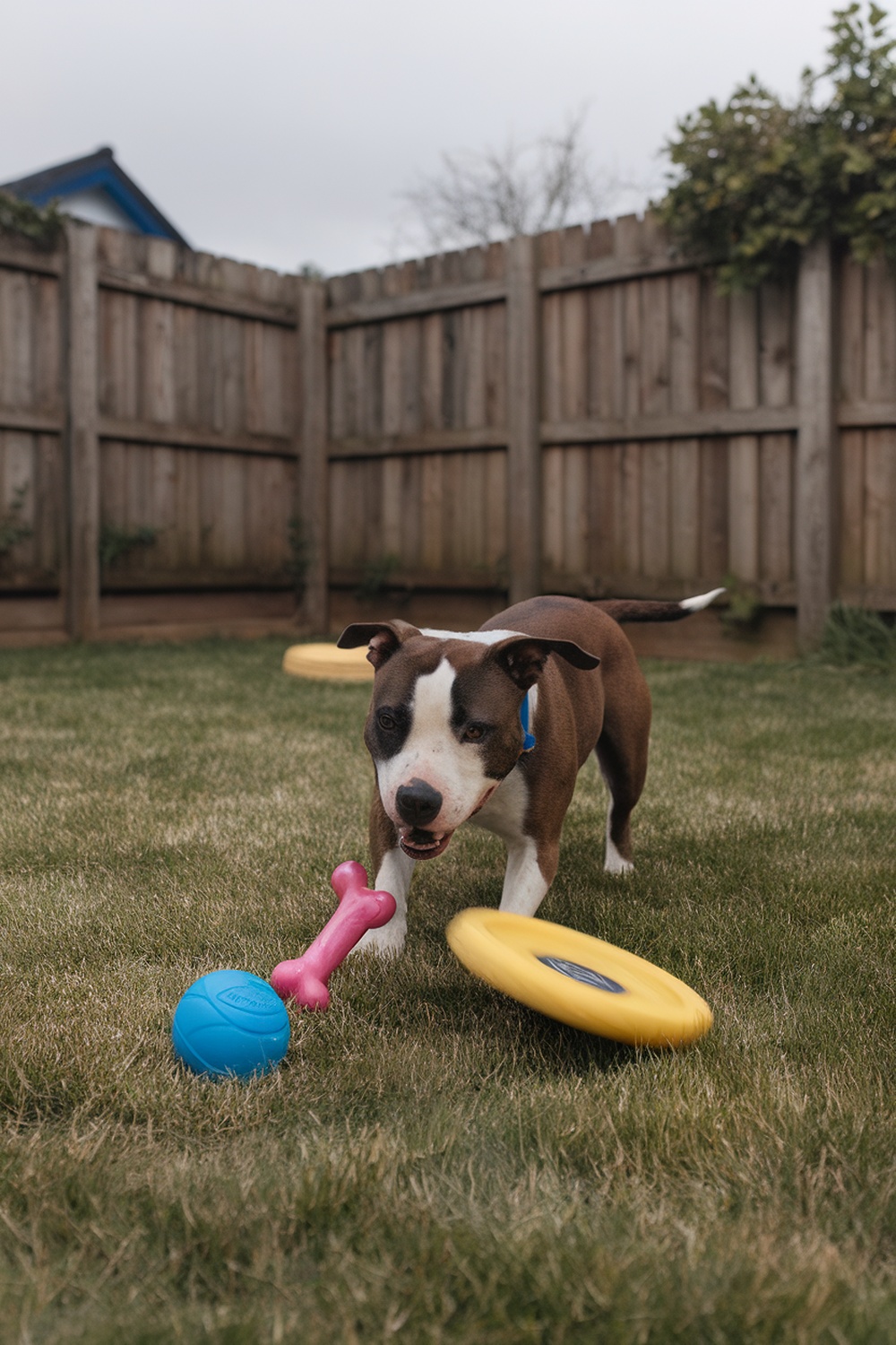 A Staffordshire Bull Terrier playing with toys in a backyard.