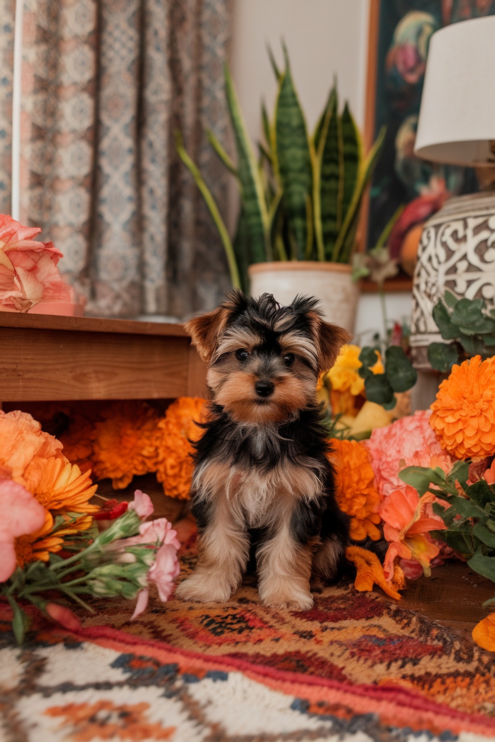 Yorkie Poo puppy sitting among autumn flowers indoors