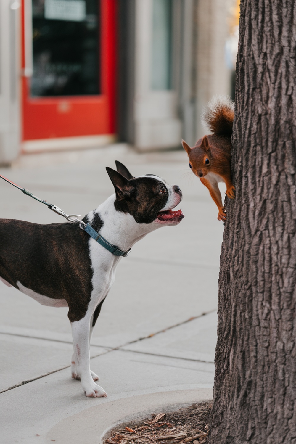 A Boston Terrier curiously looking at a squirrel on a tree.