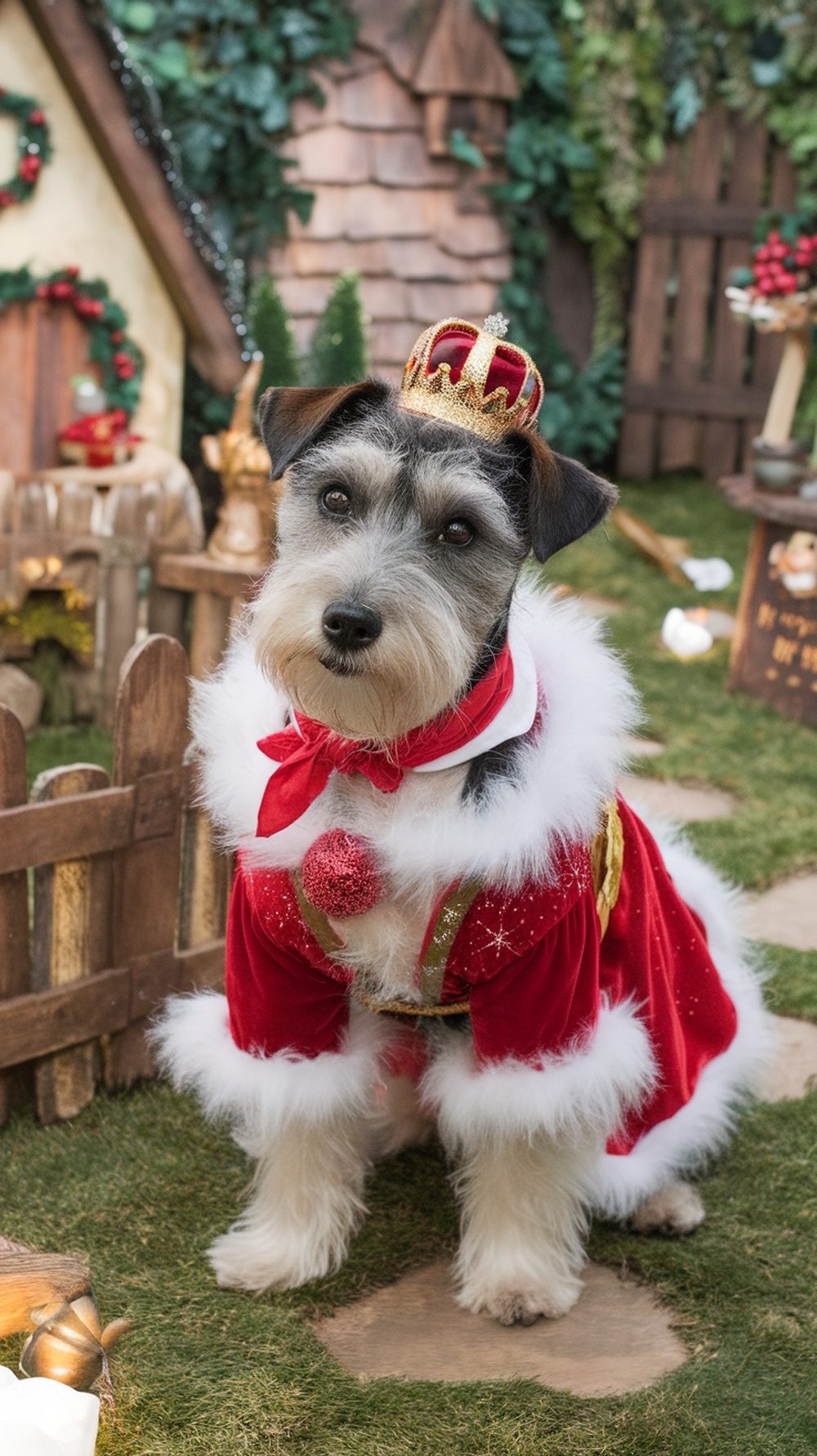 A terrier dog wearing a red Christmas fairy tale outfit with a crown.