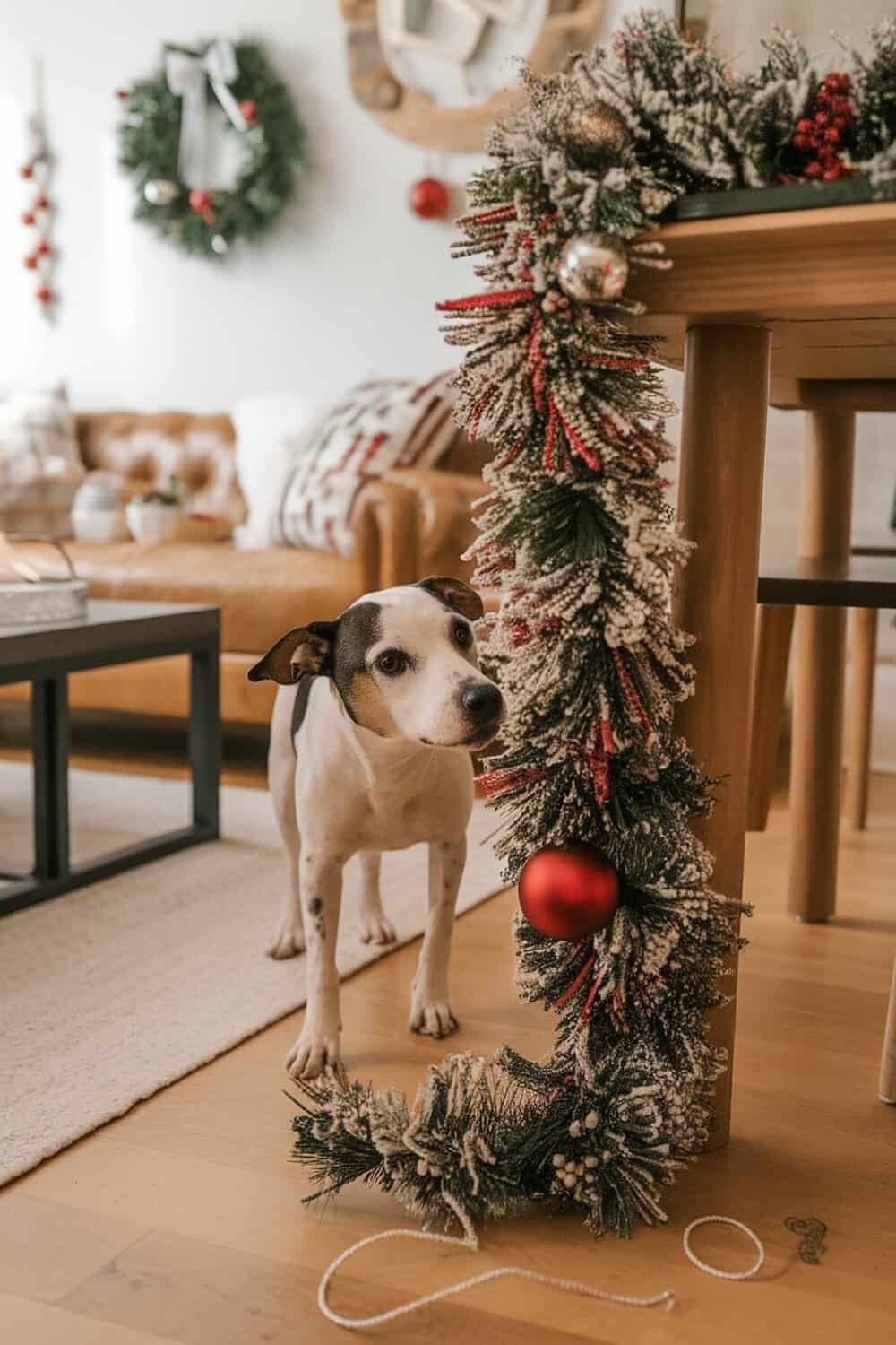 A dog curiously inspecting a festive garland in a cozy living room.