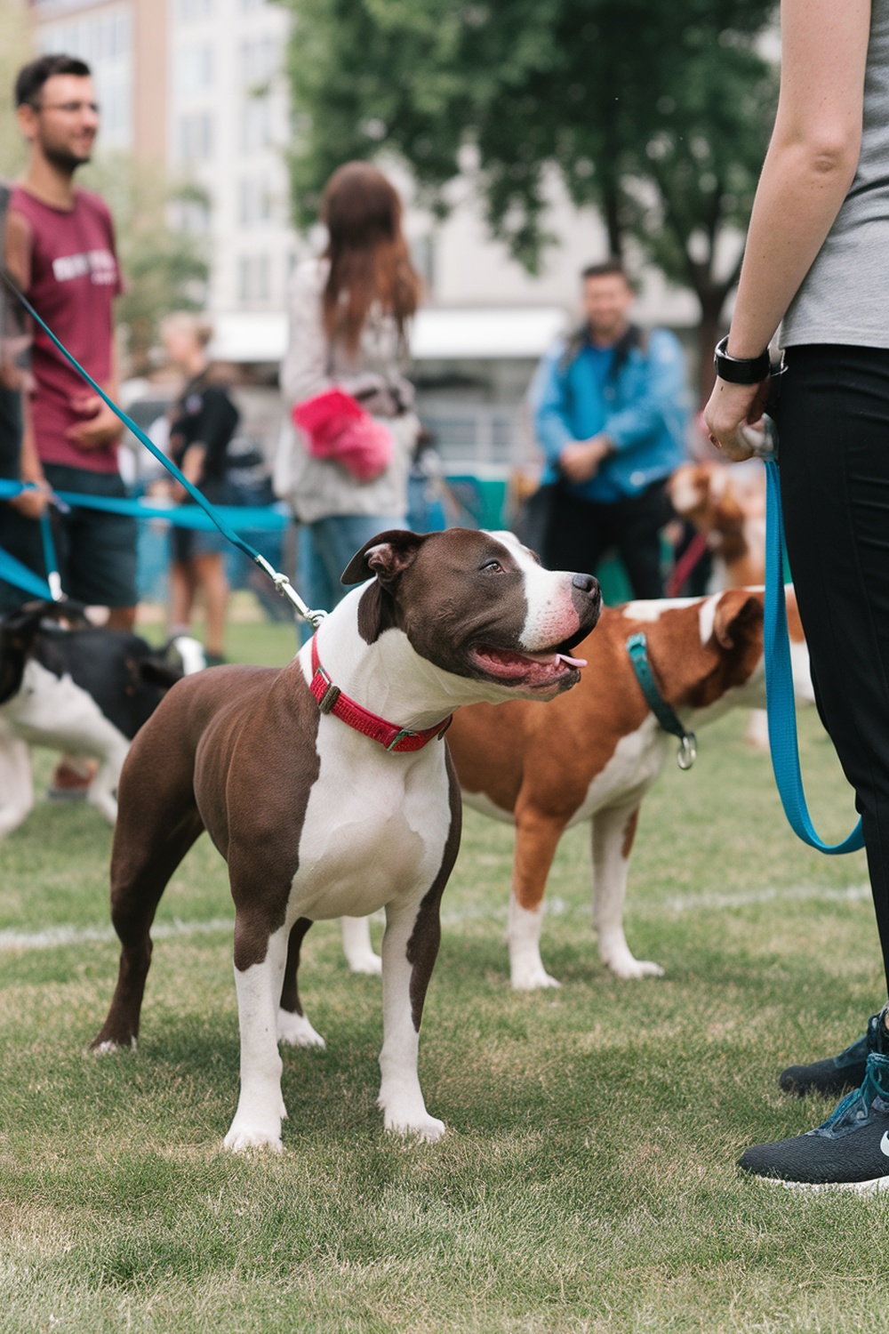 A group of people with leashed dogs in a park setting.
