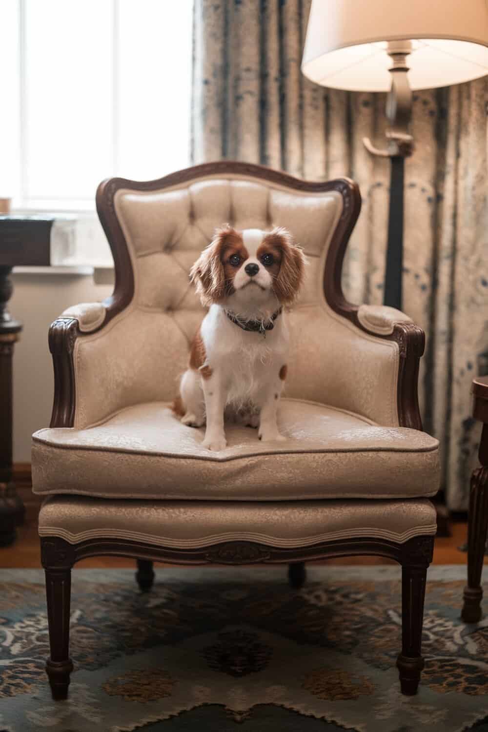 A Cavalier King Charles Spaniel sitting on an elegant chair.