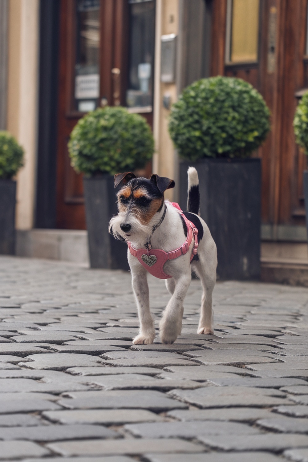 A Terrier wearing a stylish pink harness while walking on a cobblestone street.