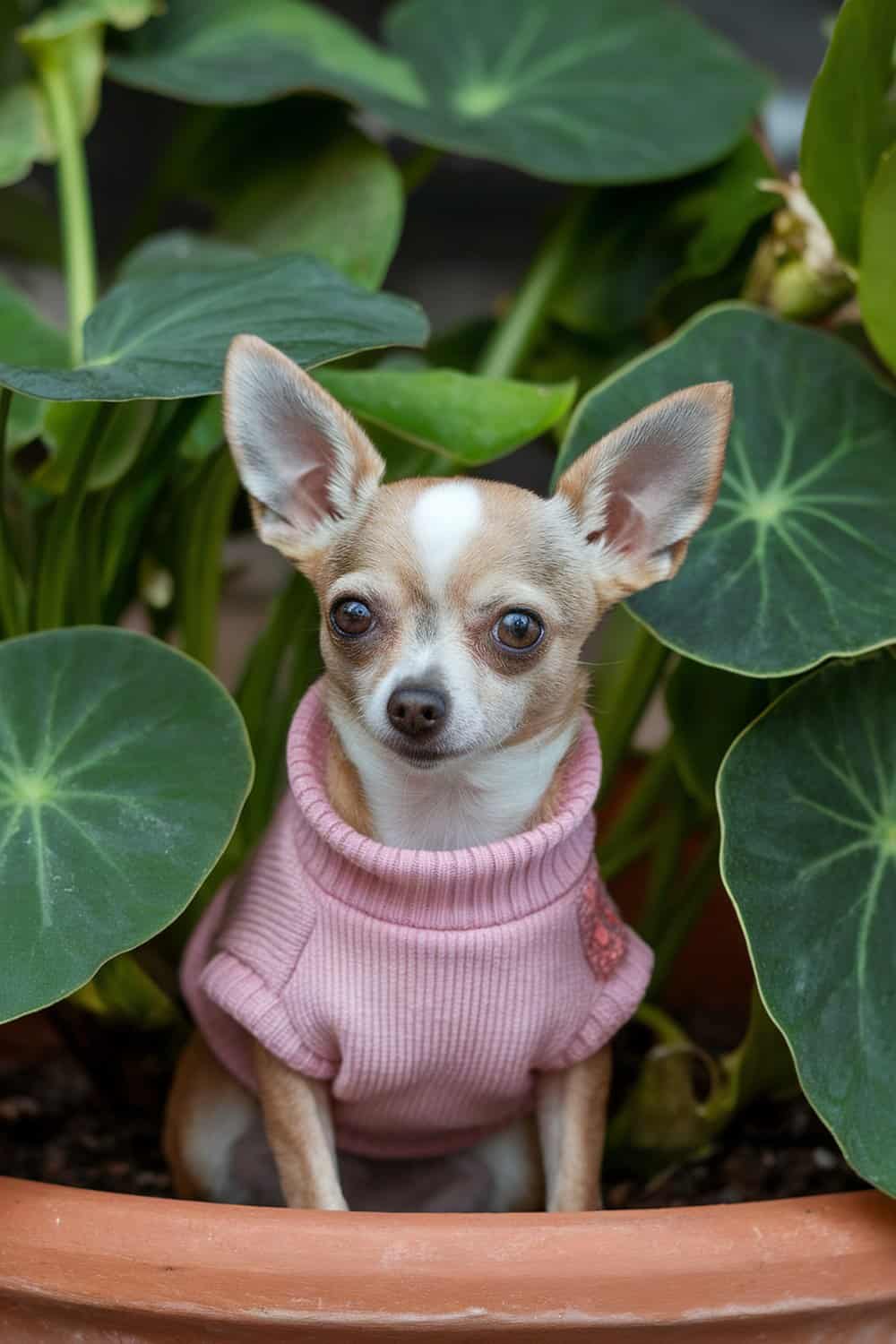 A cute Chihuahua in a pink sweater sitting among green plants.