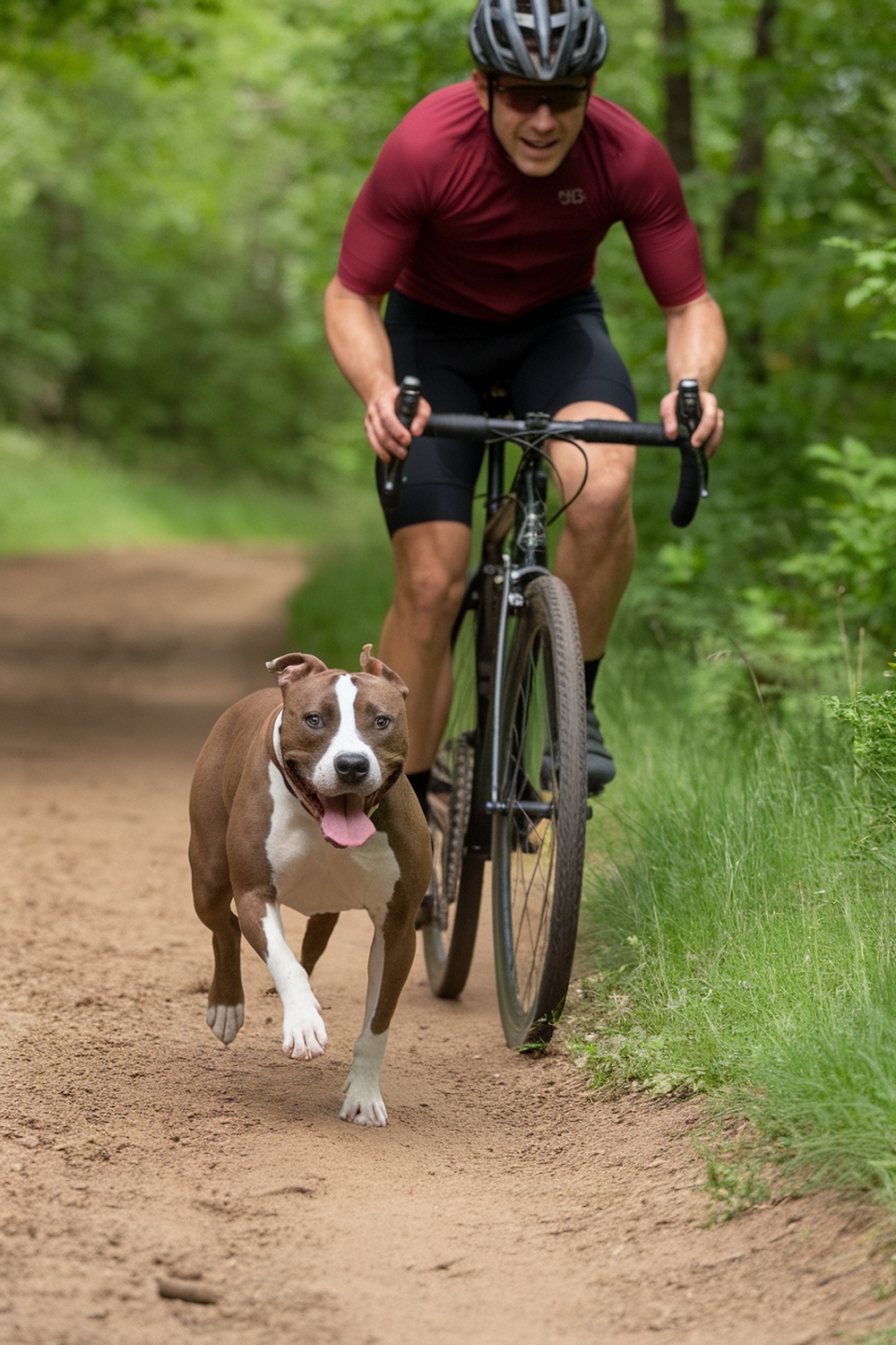 A man riding a bike with a happy Pitbull running alongside on a dirt path.