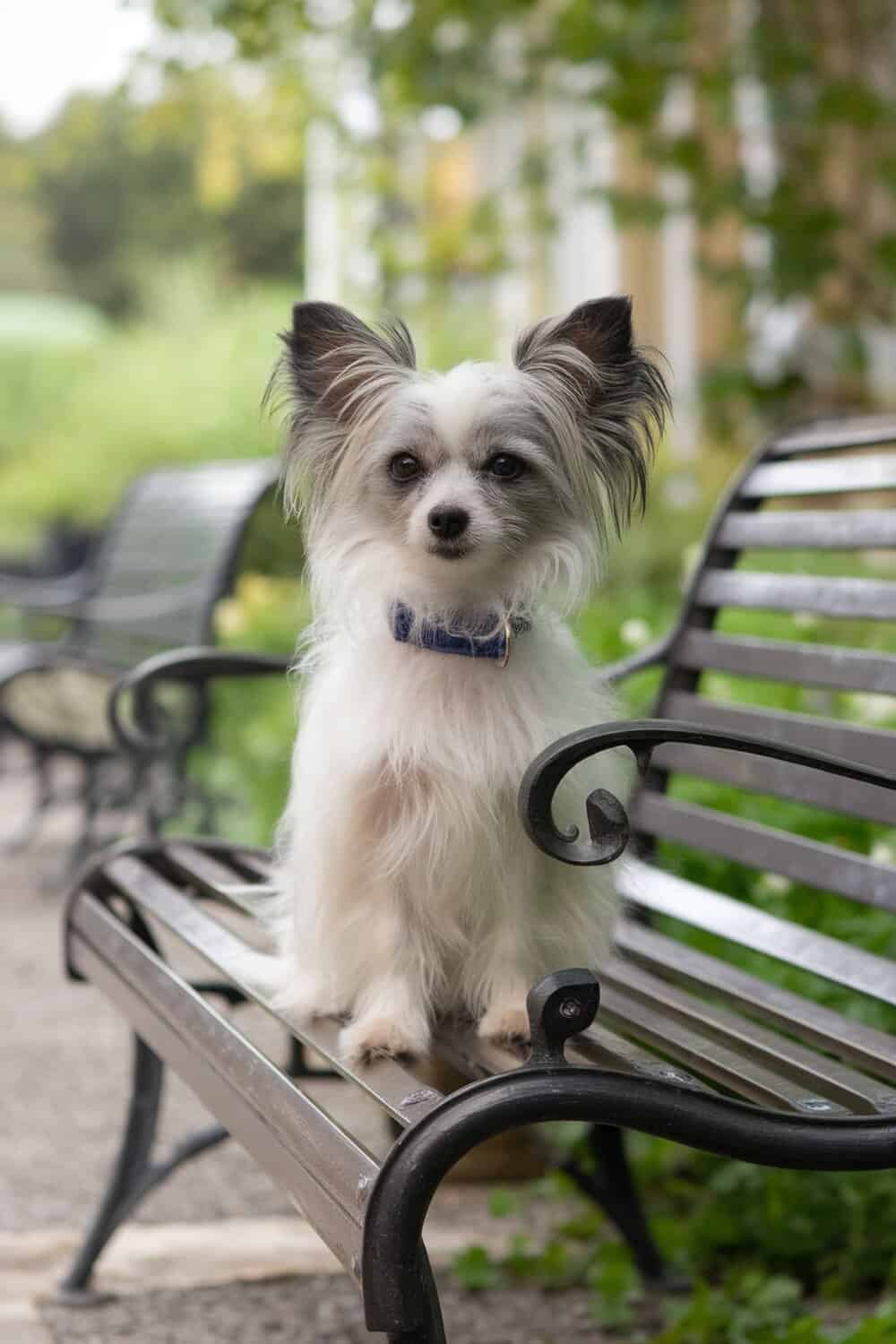 A cute Papillon Terrier mix sitting on a bench in a garden.