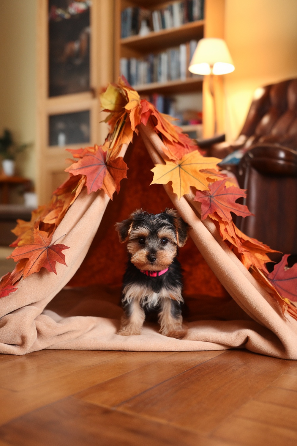 A Yorkie Poo puppy sitting inside a cozy blanket fort decorated with autumn leaves.
