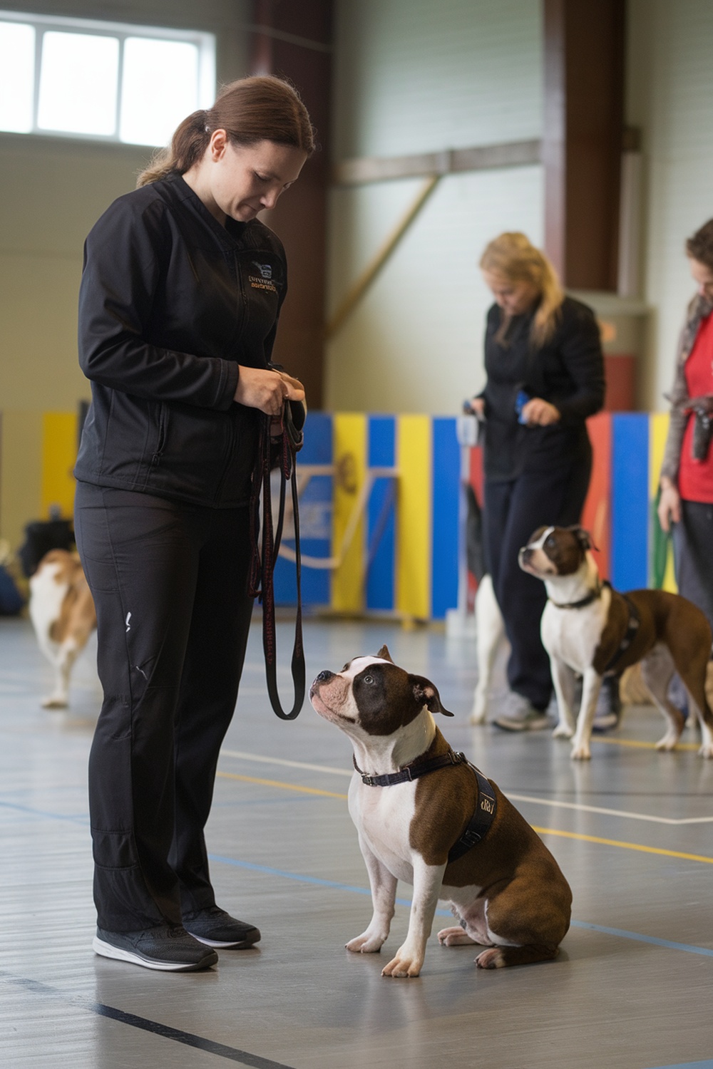 A trainer with a Staffordshire Bull Terrier in a training session.