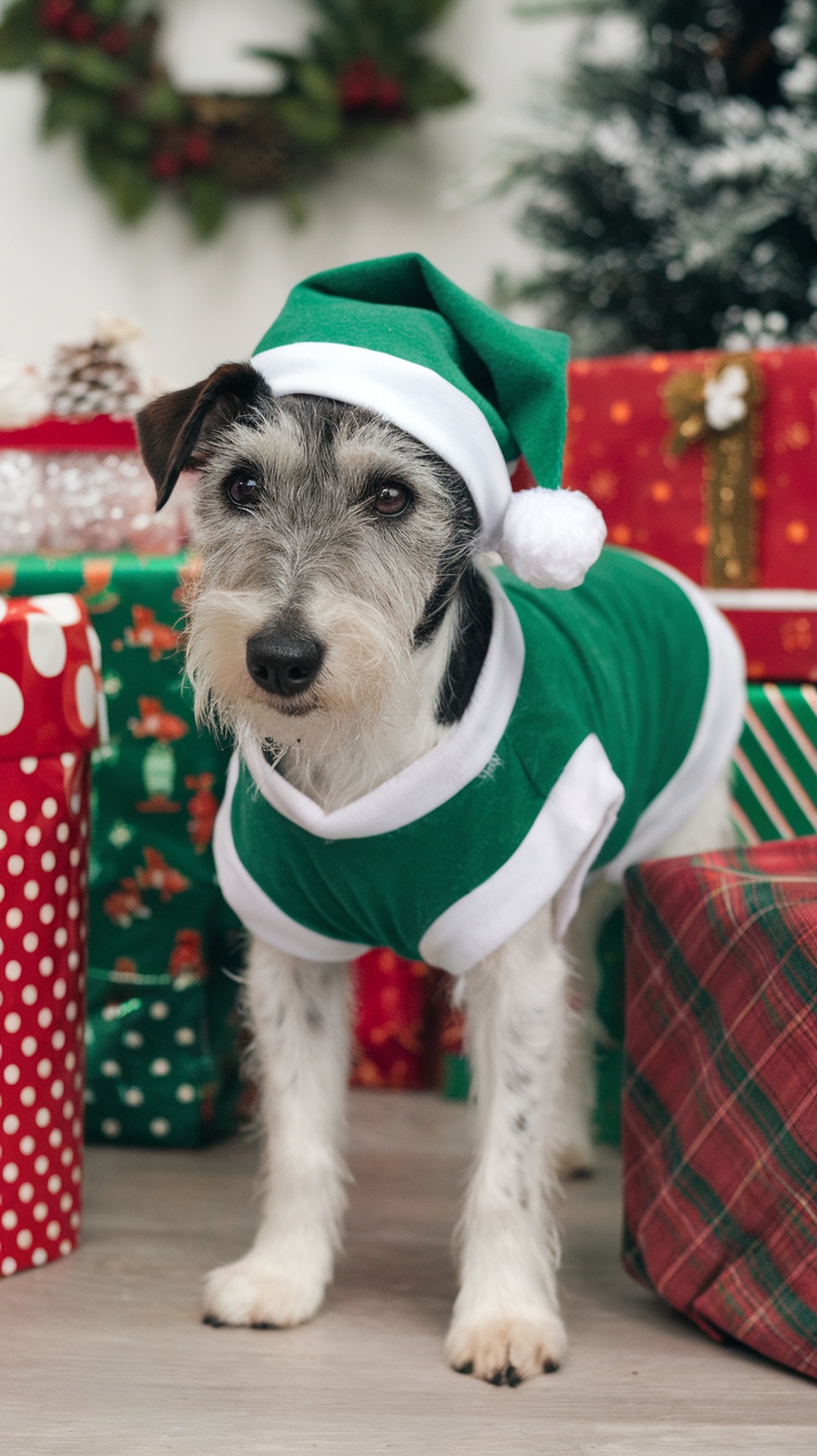 A terrier dog wearing a green Santa's helper costume with a matching hat, standing in front of colorful Christmas presents.