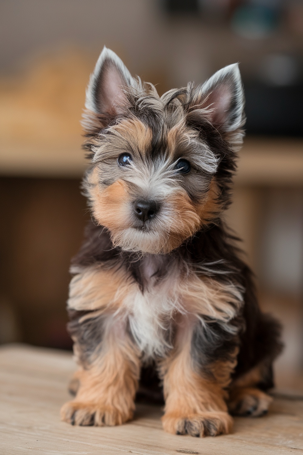 A cute Westie puppy with fluffy fur and bright eyes, sitting on a wooden surface.