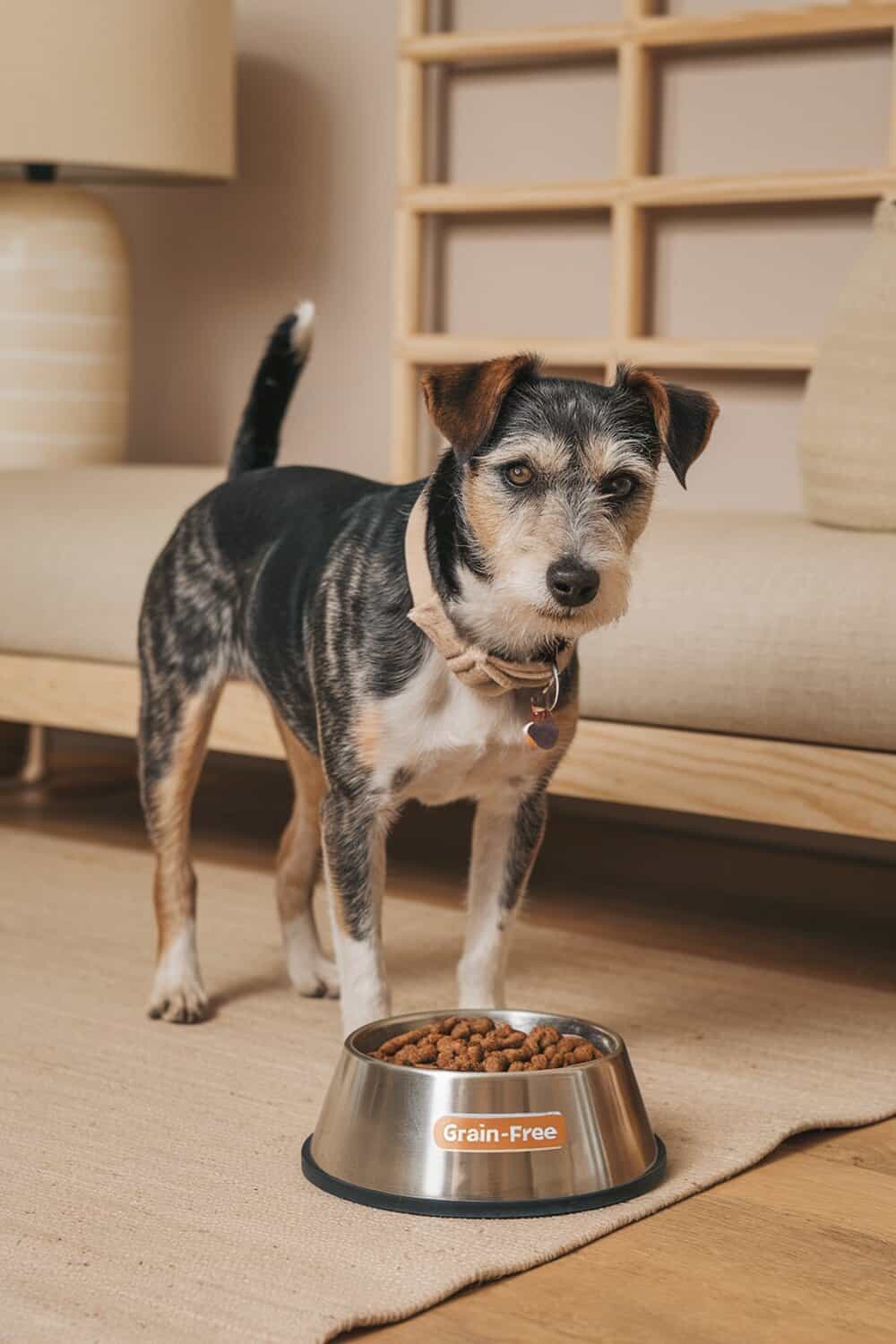 A Terrier mix dog standing next to a grain-free food bowl.