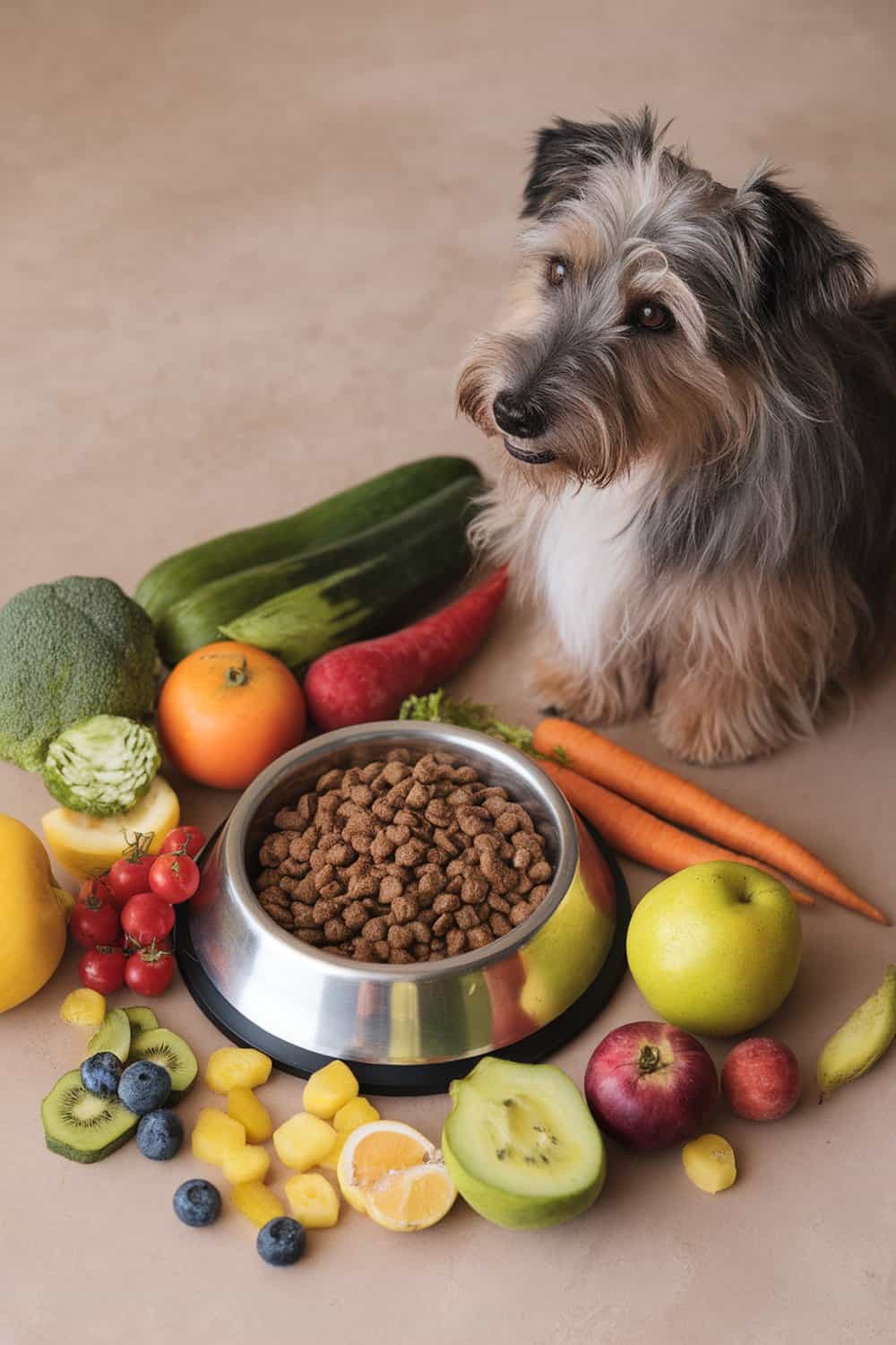 A terrier mix dog sitting next to a bowl of dog food surrounded by fresh fruits and vegetables.