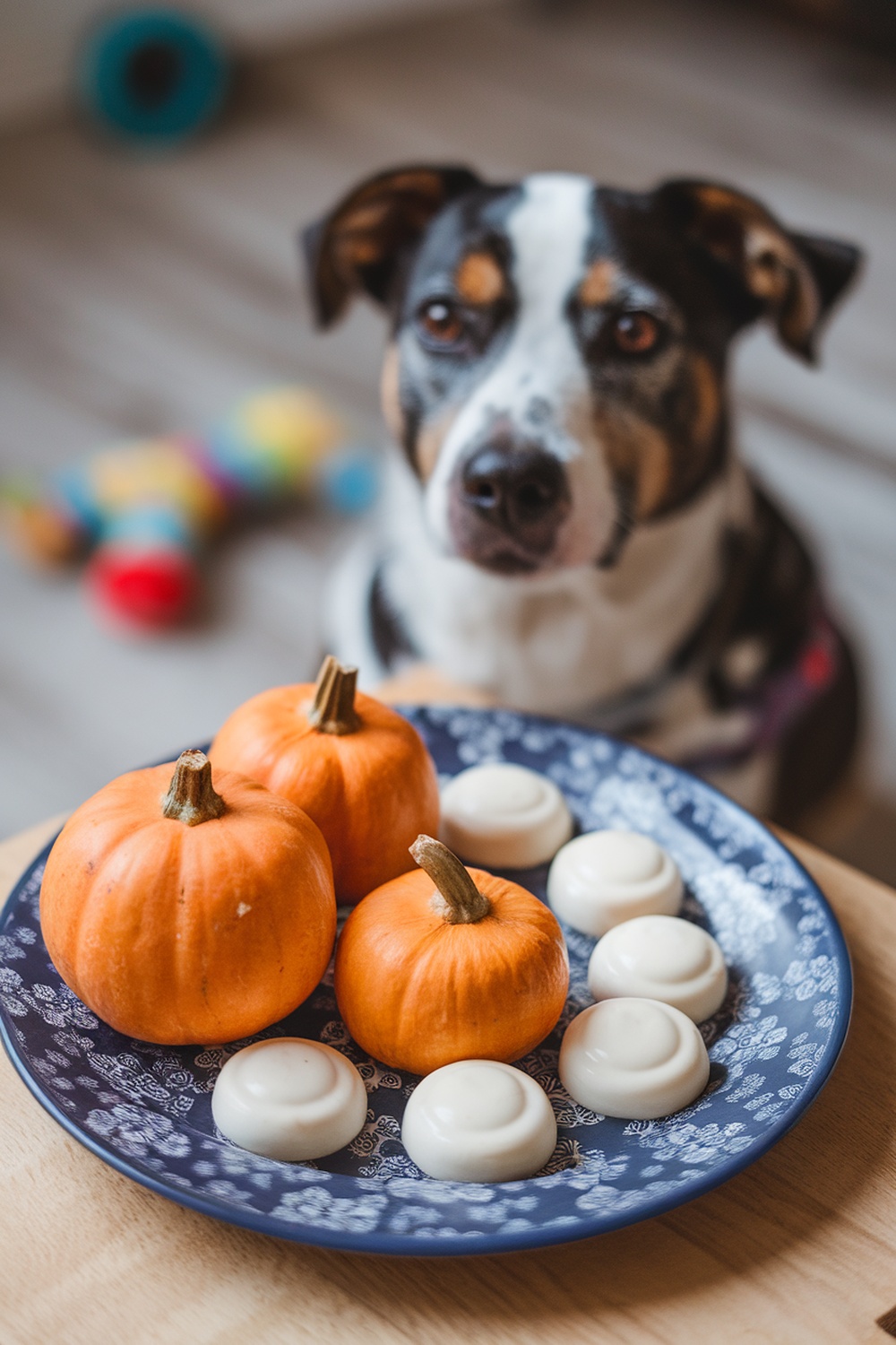 A plate with small yogurt drops and pumpkins, with a dog in the background.