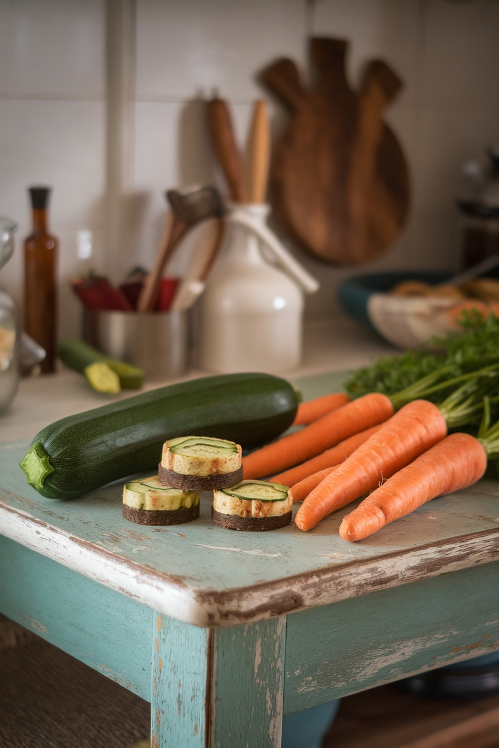 Fresh zucchini and carrots on a kitchen table with homemade dog treats.