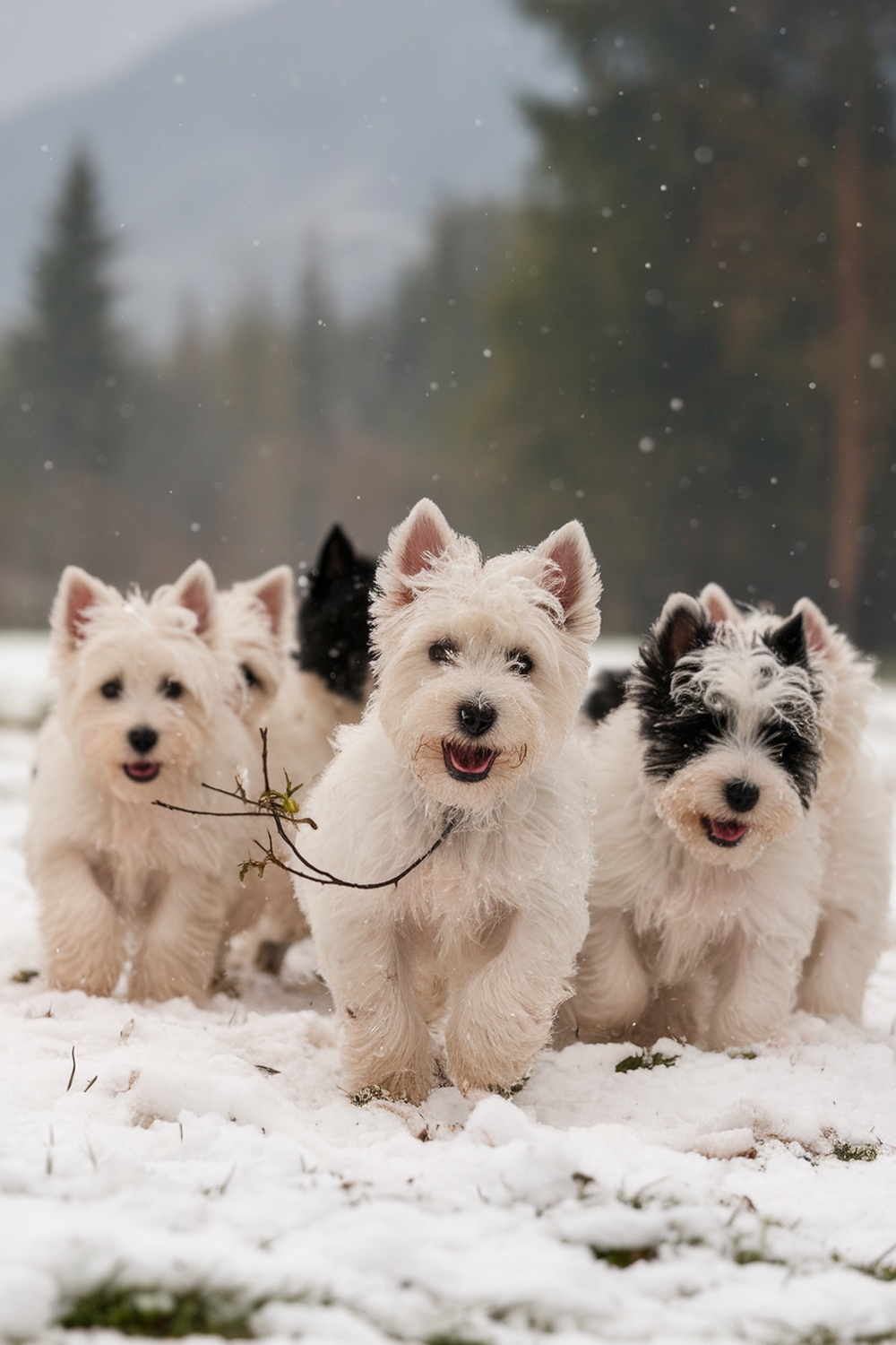 Westie puppies playing in the snow, showcasing their playful nature.
