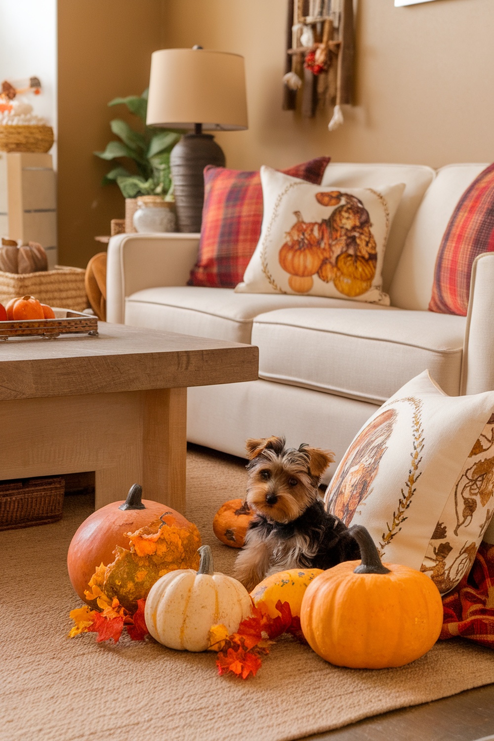A Yorkie Poo puppy sitting among autumn decorations, including pumpkins and colorful leaves, in a cozy indoor setting.