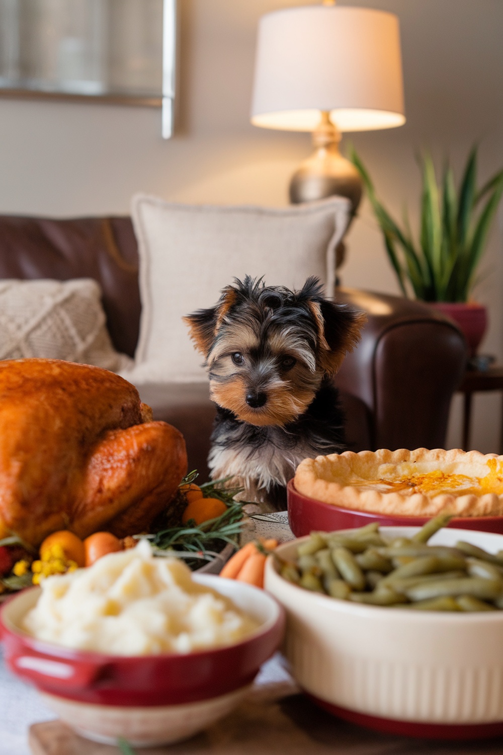 A Yorkie Poo puppy sitting in front of a Thanksgiving feast with turkey, mashed potatoes, and green beans.