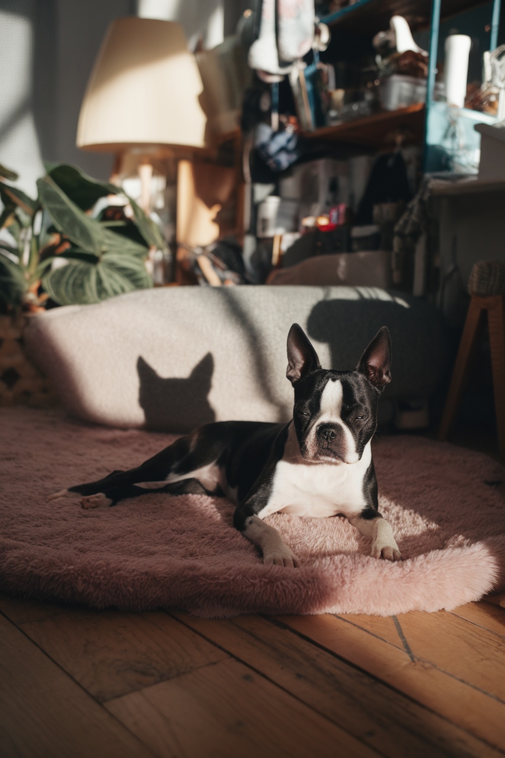 A Boston Terrier resting on a soft rug indoors.