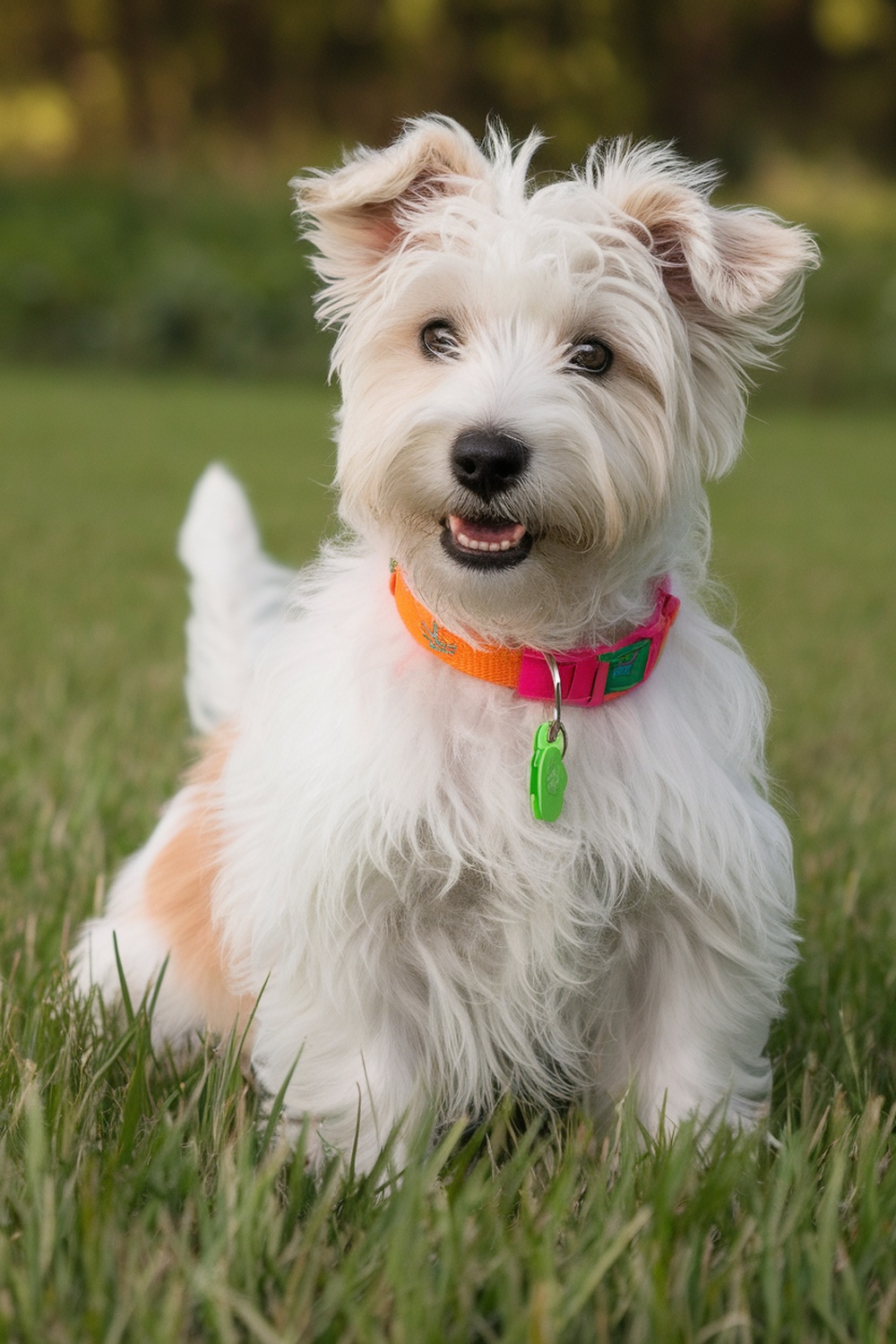 A cute Westie puppy with a bright collar, sitting in a grassy field.