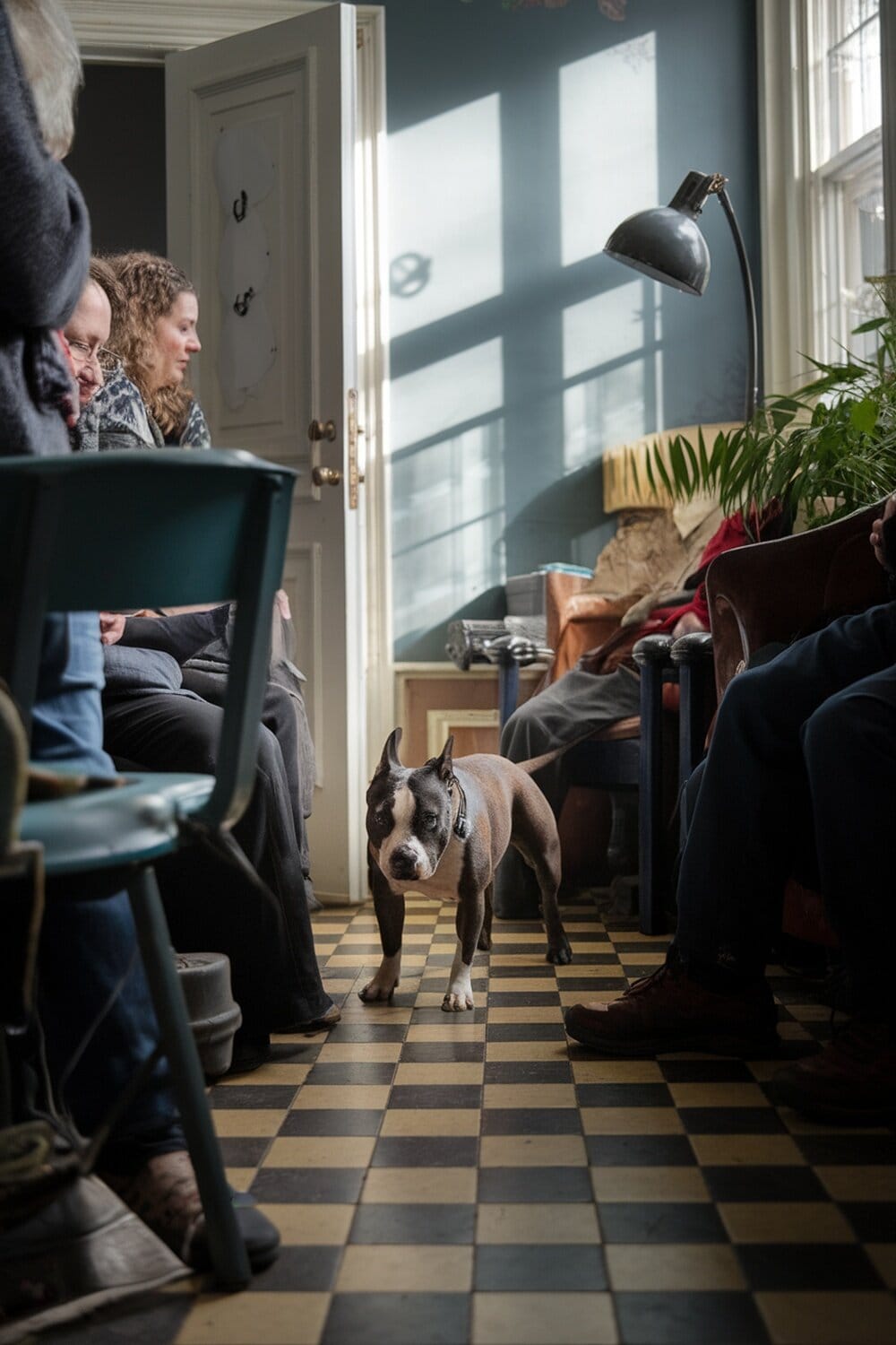 A Staffordshire Bull Terrier walking through a room filled with people.