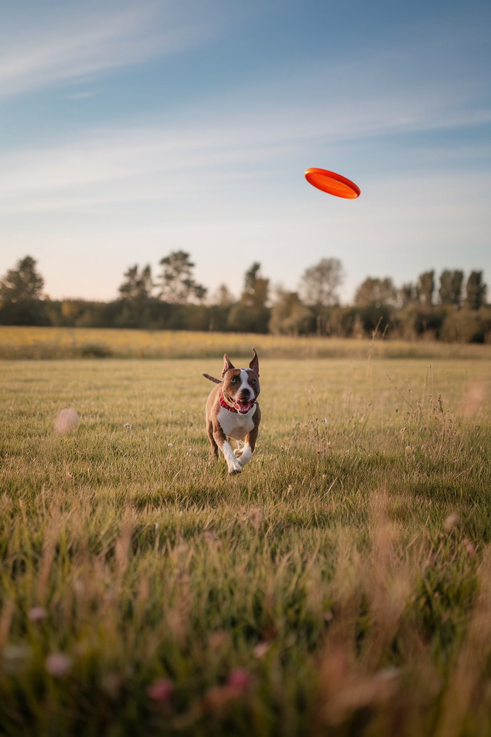 A Staffordshire Bull Terrier running in a field, chasing a frisbee.