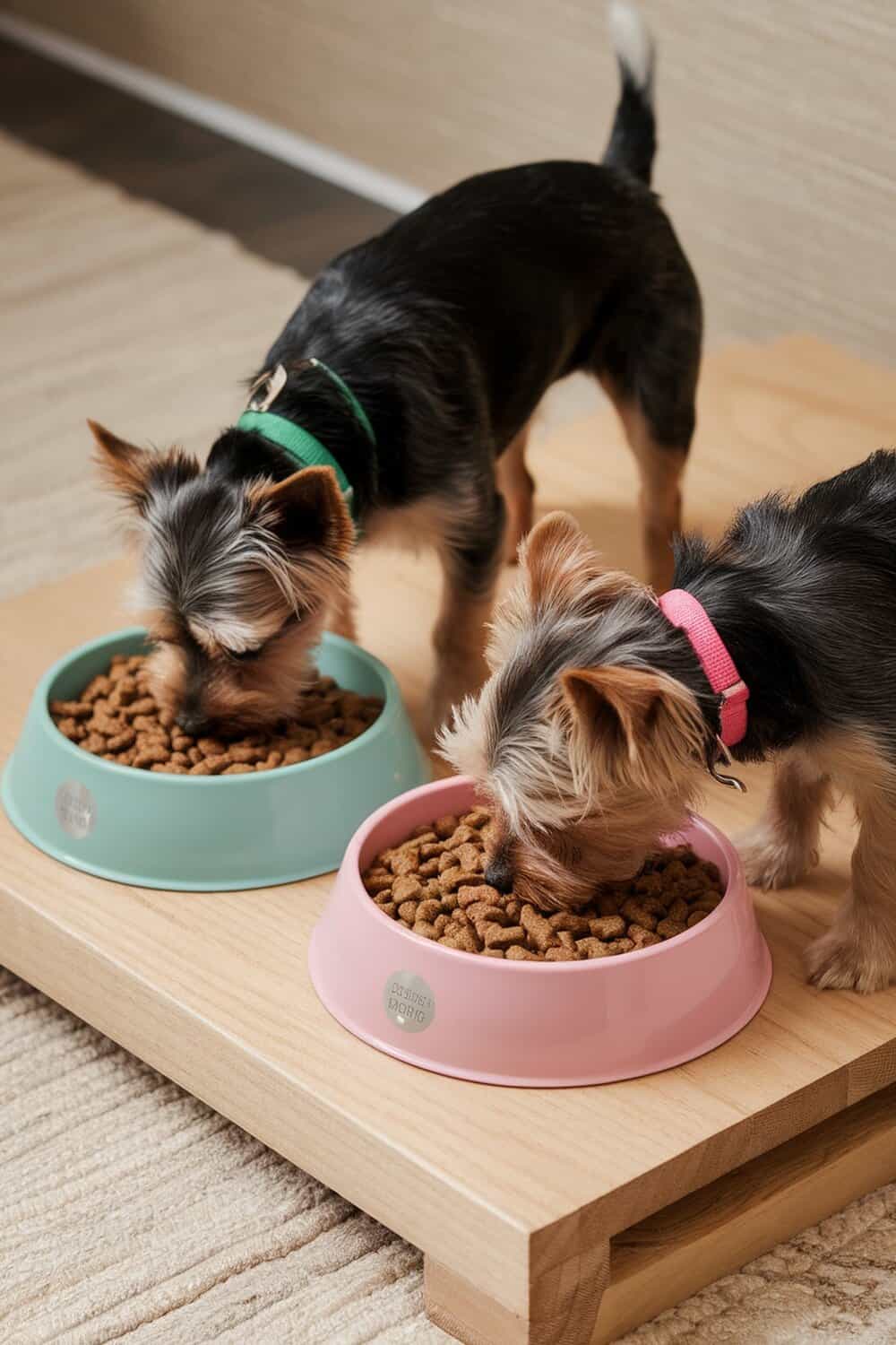 Two Yorkies eating from their bowls, one with a green collar and the other with a pink collar.