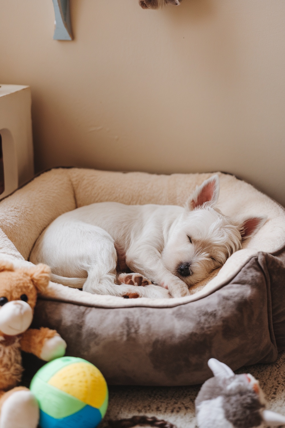 A Westie puppy sleeping in a dog bed surrounded by toys.