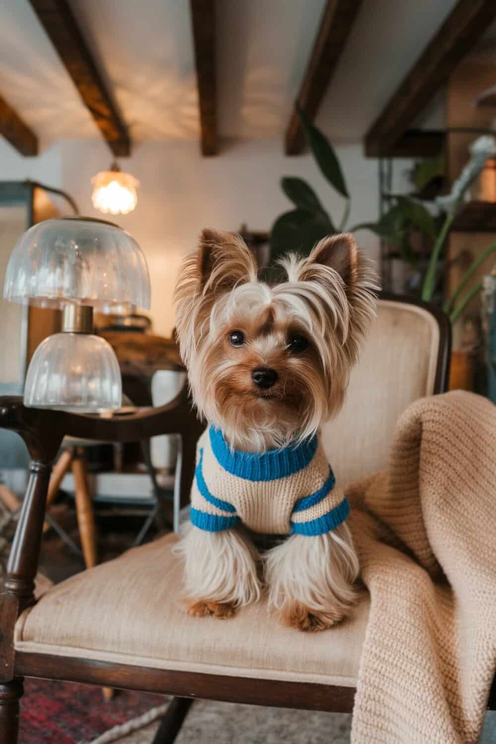 A female Yorkie sitting on a chair, wearing a cozy sweater.