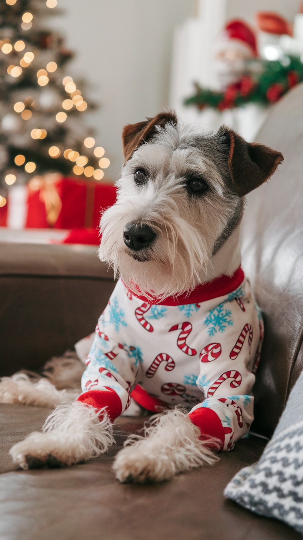 A terrier wearing festive holiday pajamas with candy cane patterns, sitting on a couch in front of a decorated Christmas tree.